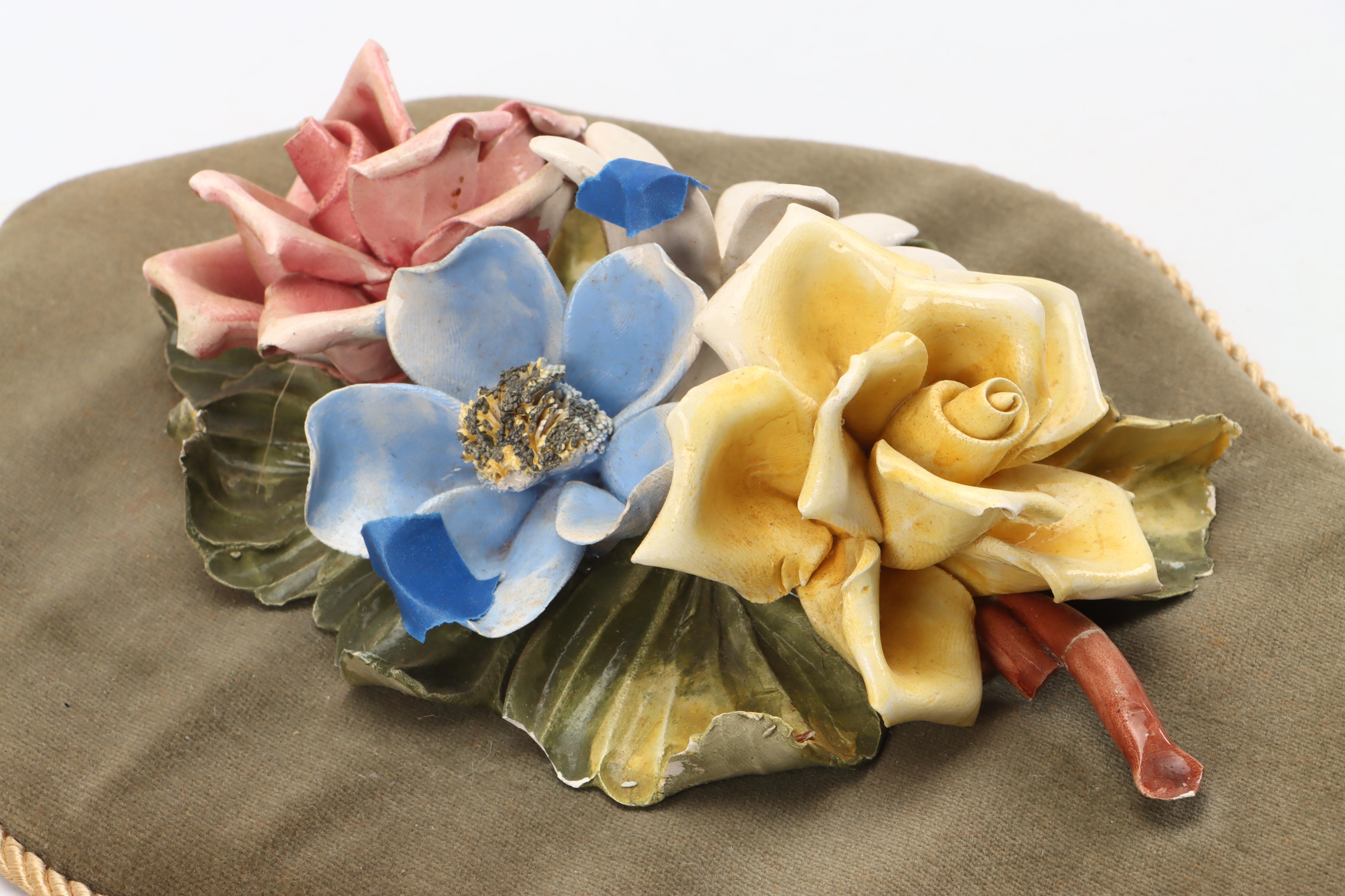 Fabric Basket and Napkins with Velvet-Mounted Ceramic Flowers Wall Hanging