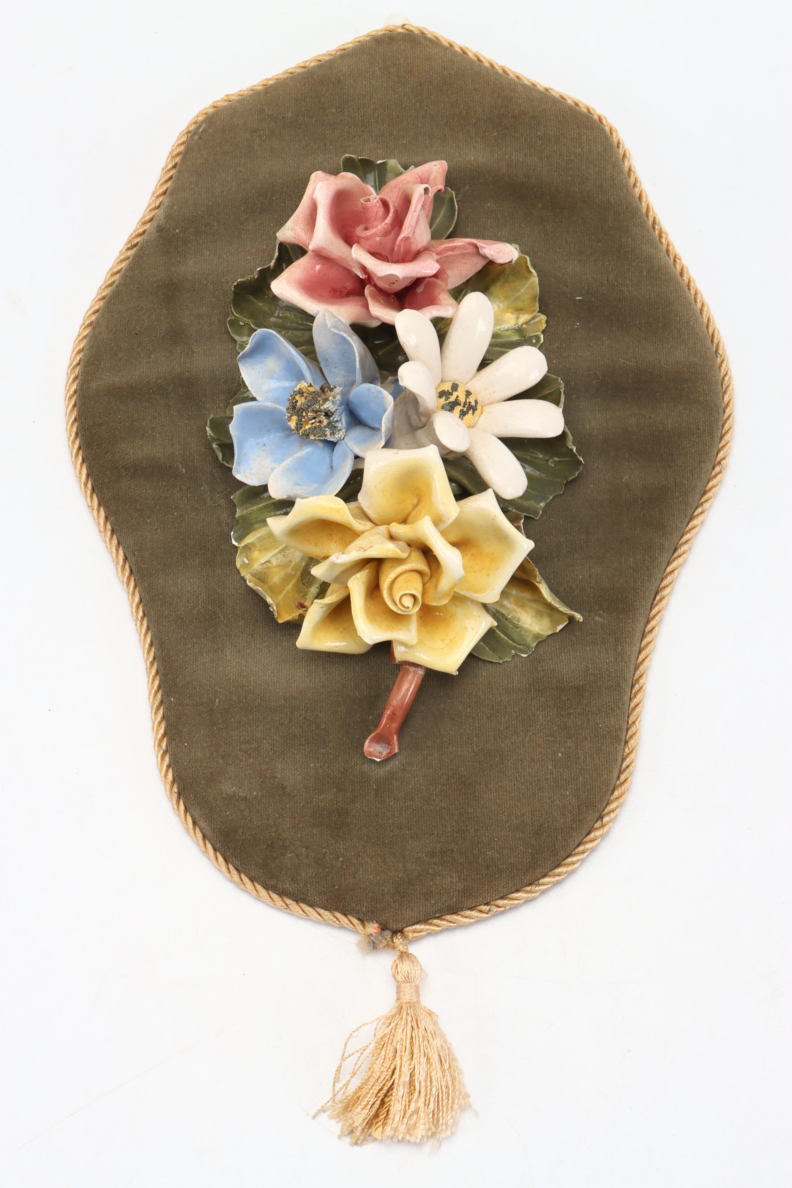 Fabric Basket and Napkins with Velvet-Mounted Ceramic Flowers Wall Hanging