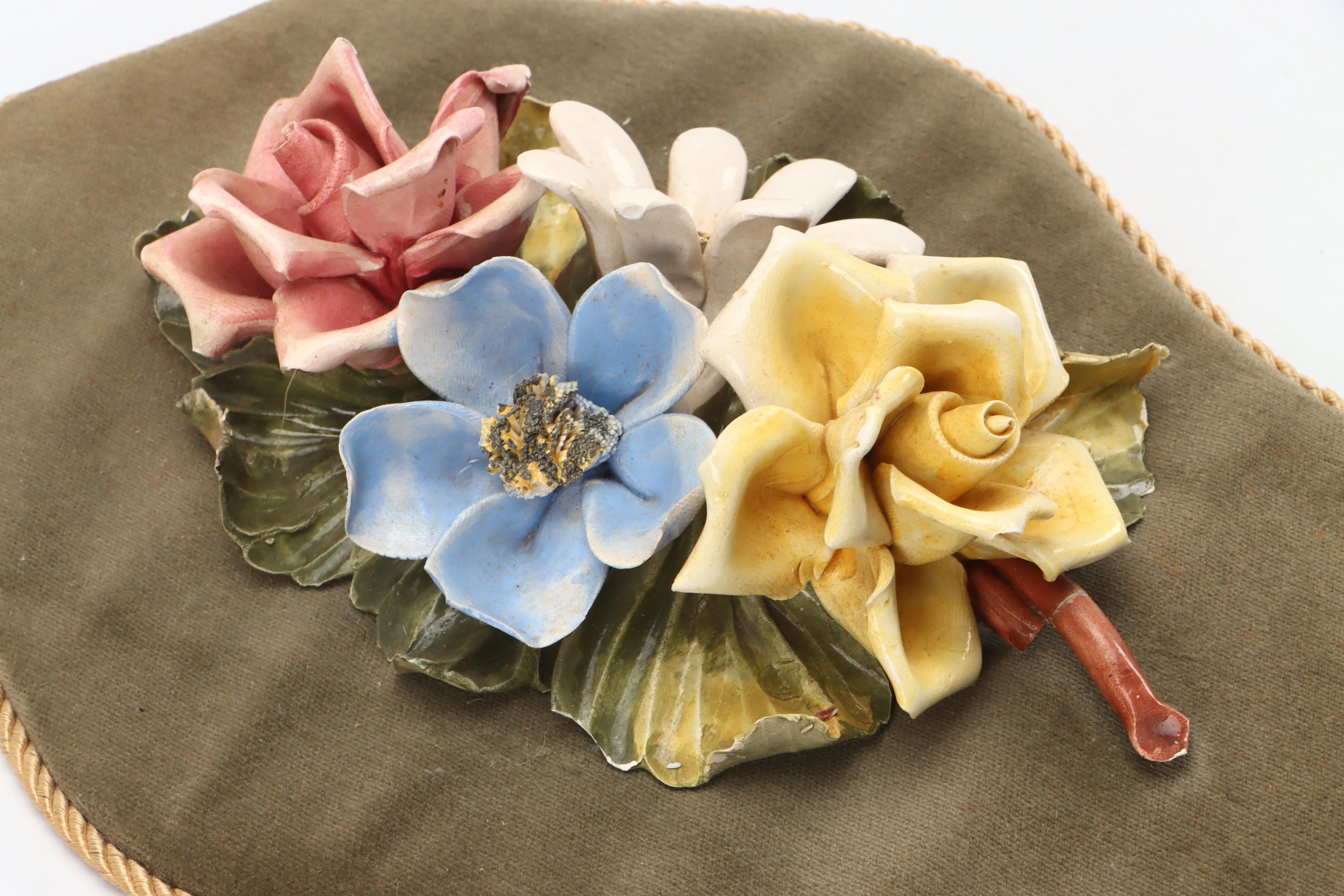 Fabric Basket and Napkins with Velvet-Mounted Ceramic Flowers Wall Hanging