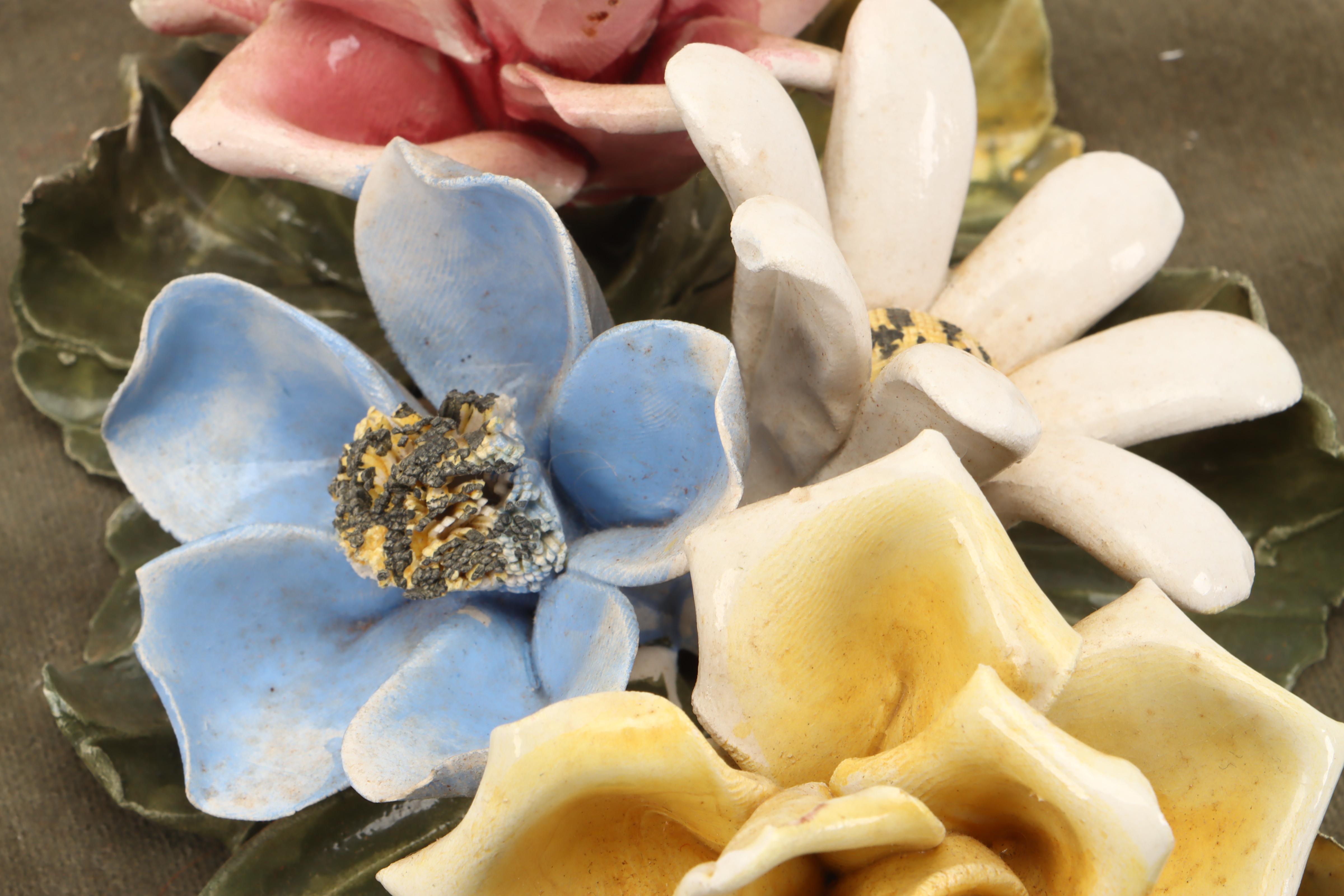 Fabric Basket and Napkins with Velvet-Mounted Ceramic Flowers Wall Hanging