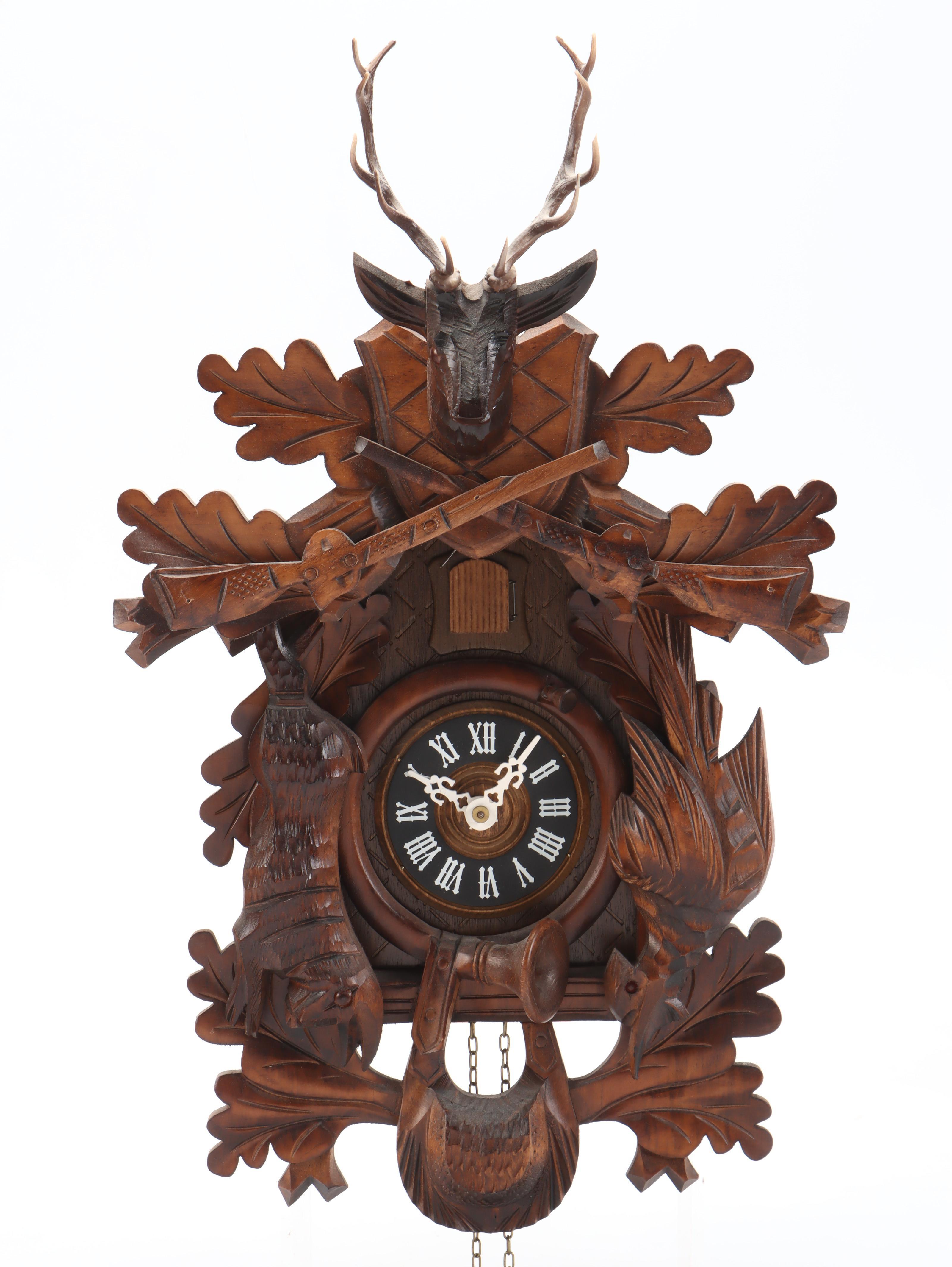 German Carved Walnut Hunter Cuckoo Clock, Late 20th Century