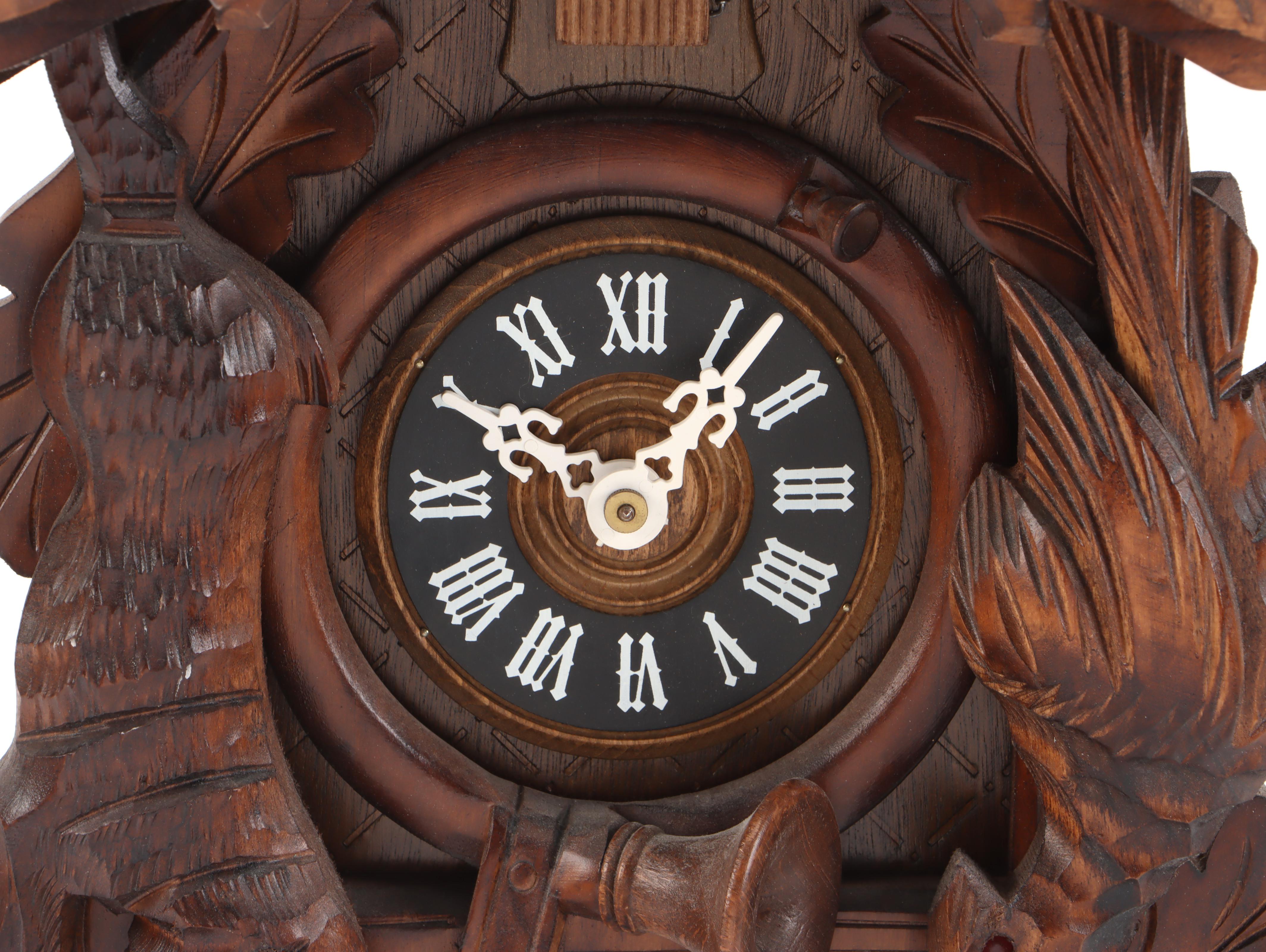 German Carved Walnut Hunter Cuckoo Clock, Late 20th Century