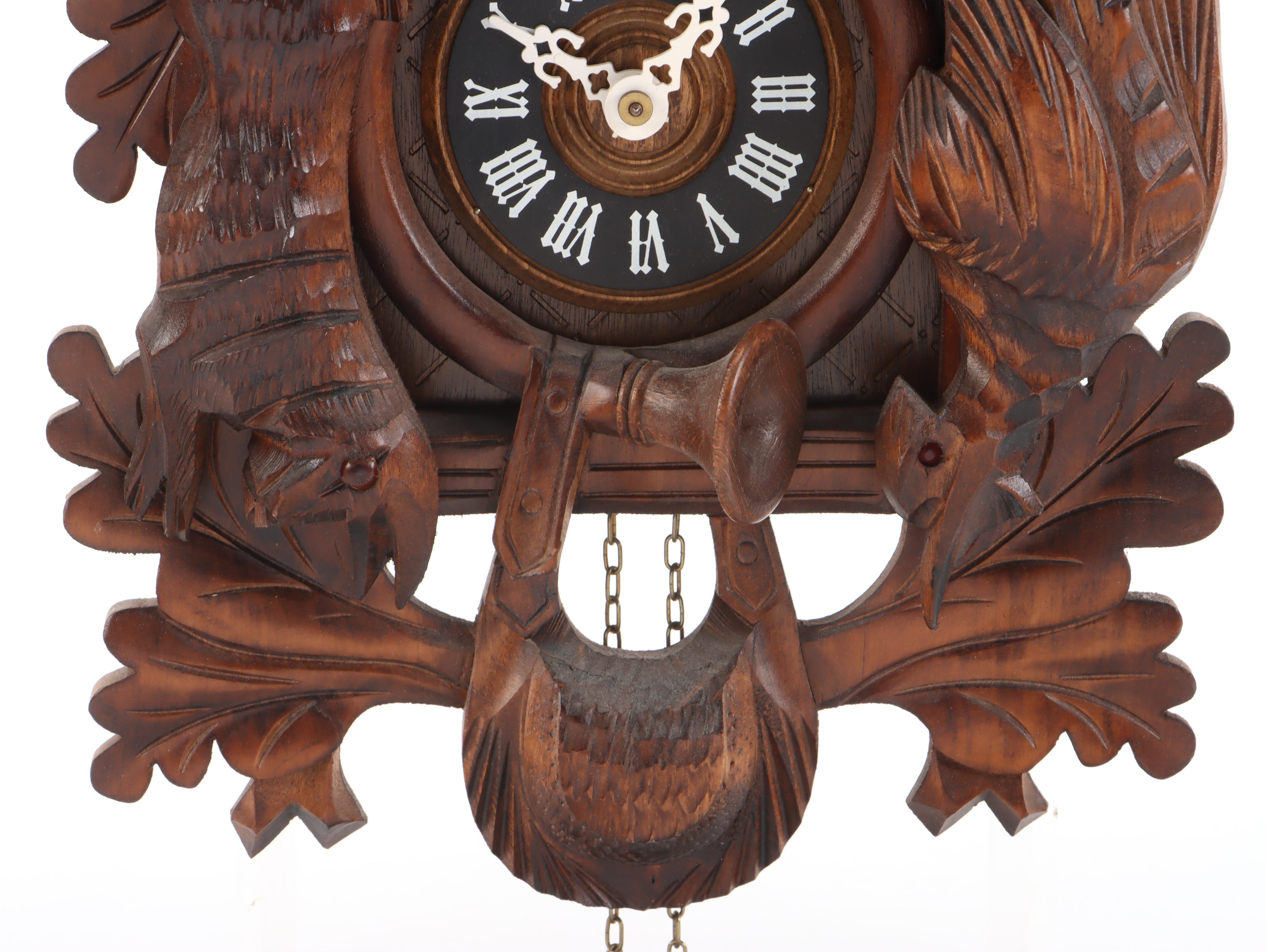 German Carved Walnut Hunter Cuckoo Clock, Late 20th Century