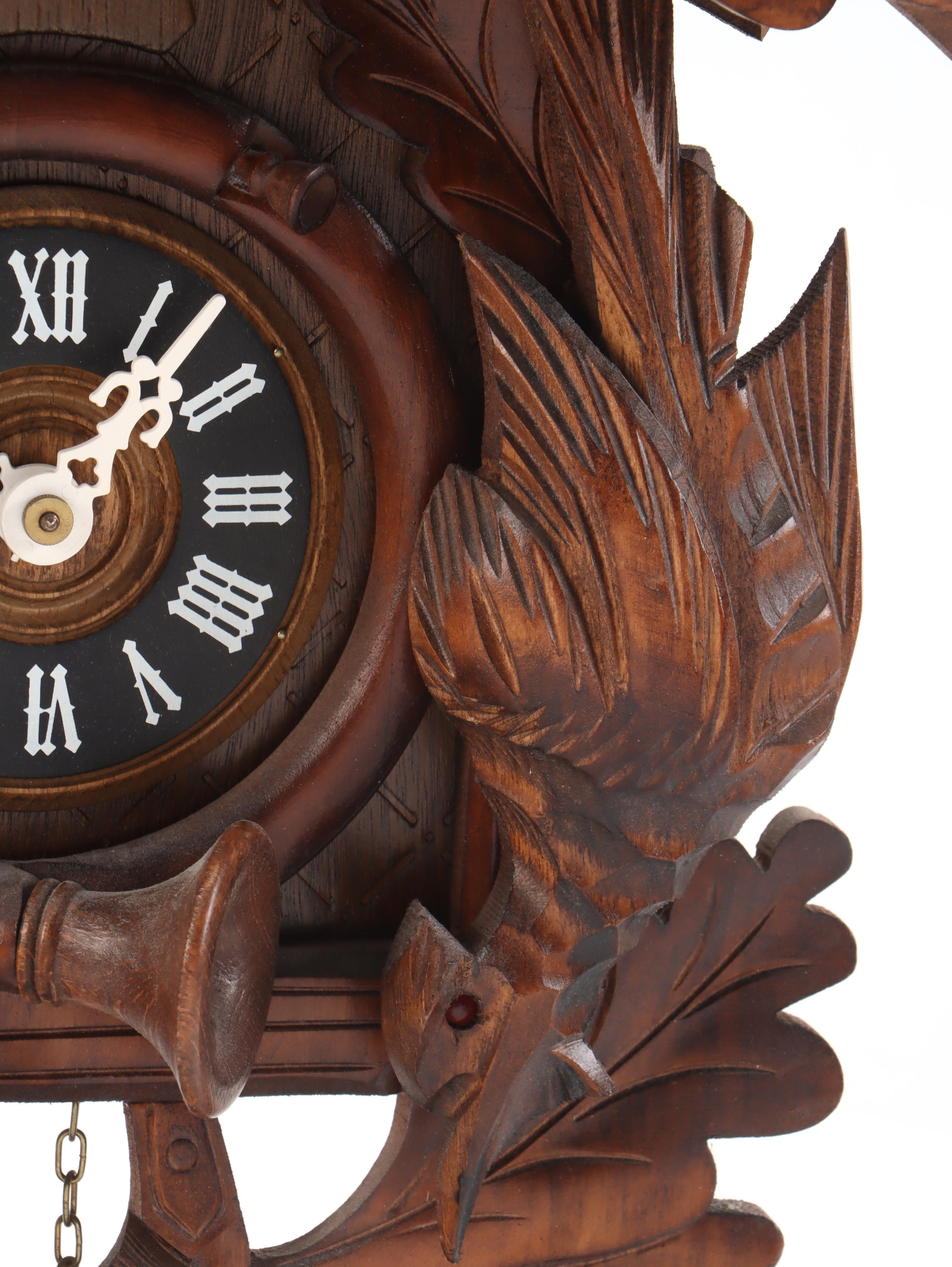 German Carved Walnut Hunter Cuckoo Clock, Late 20th Century