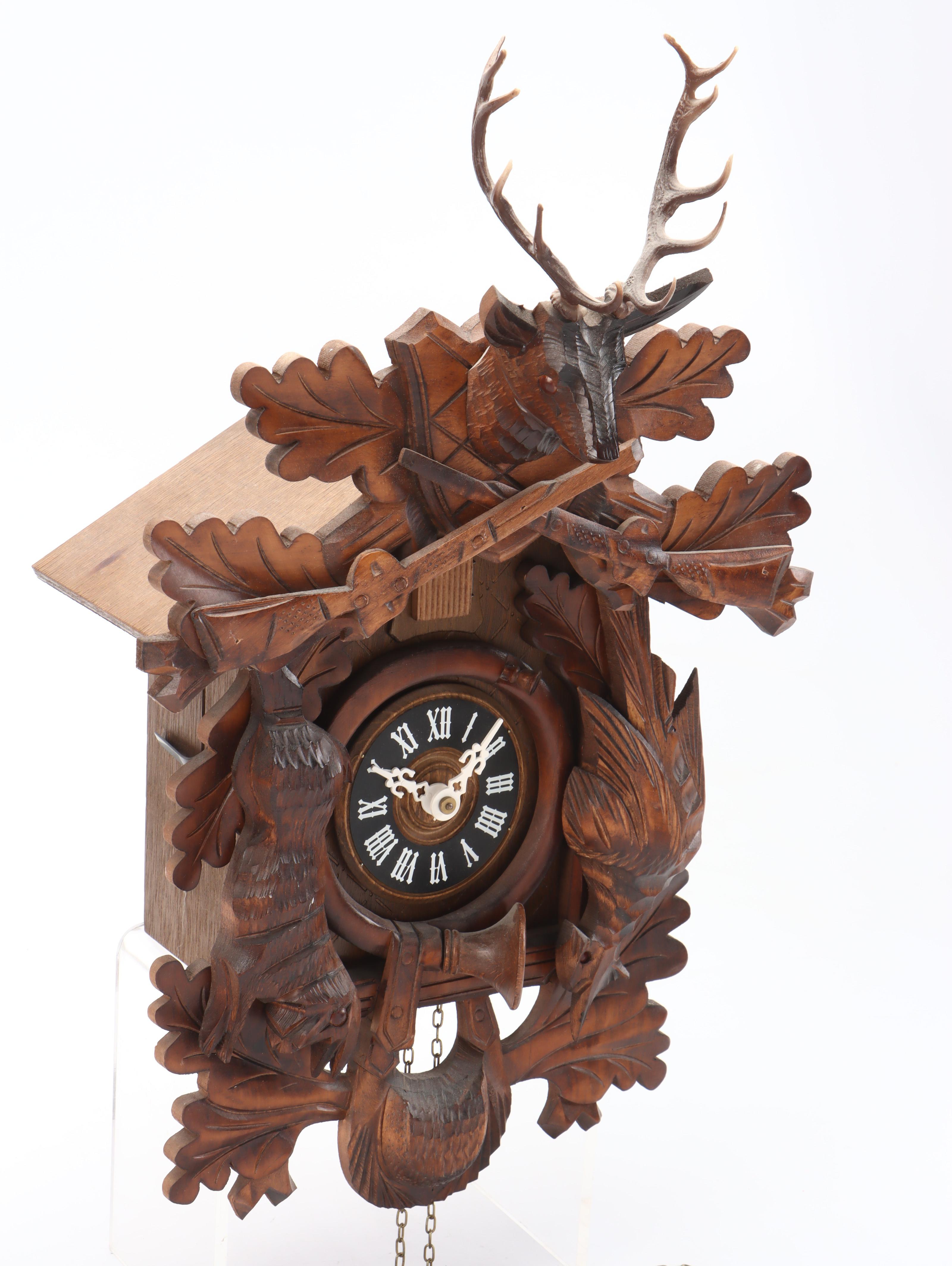 German Carved Walnut Hunter Cuckoo Clock, Late 20th Century