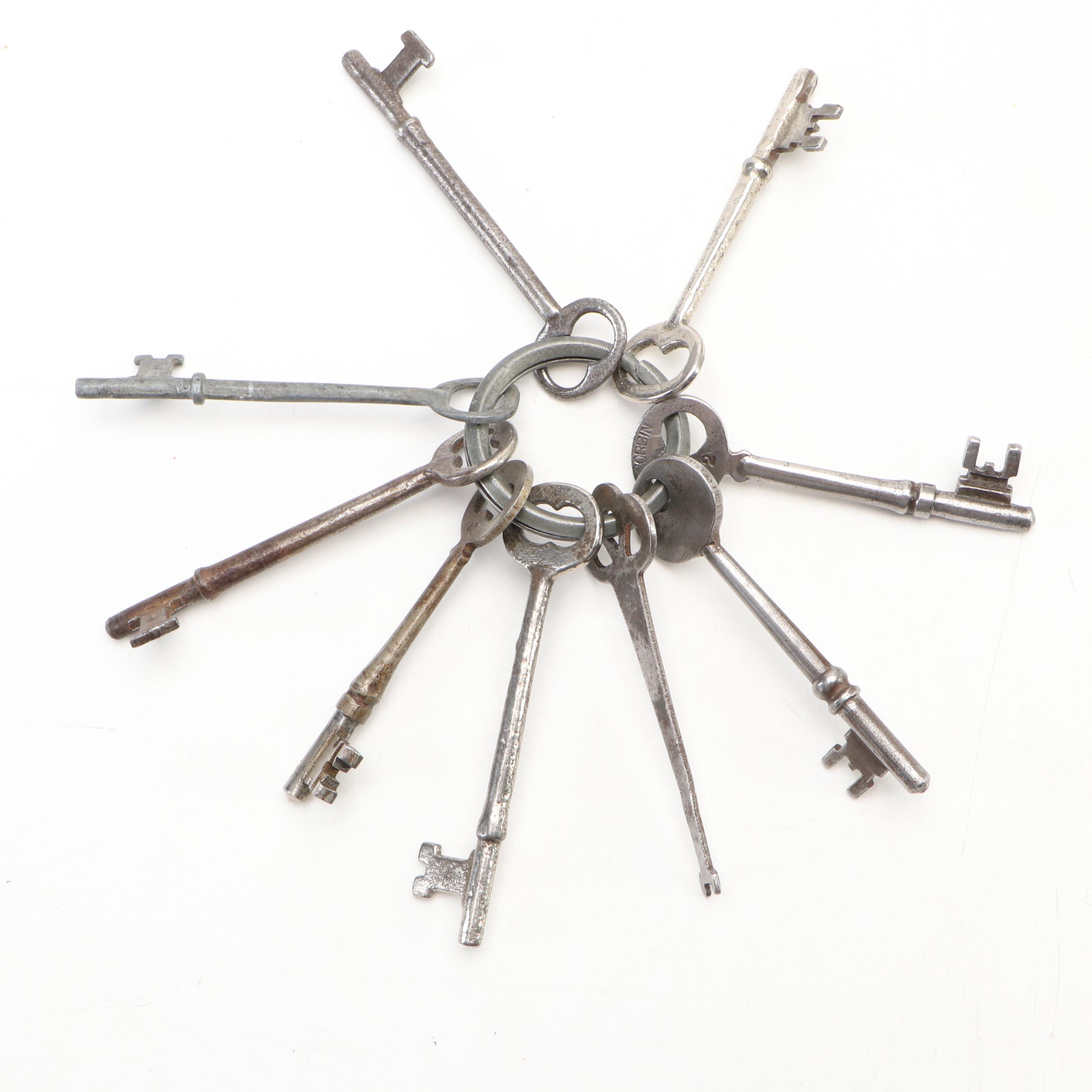 Corbin and More Metal Skeleton Keys on Ring, Early to Mid-20th Century