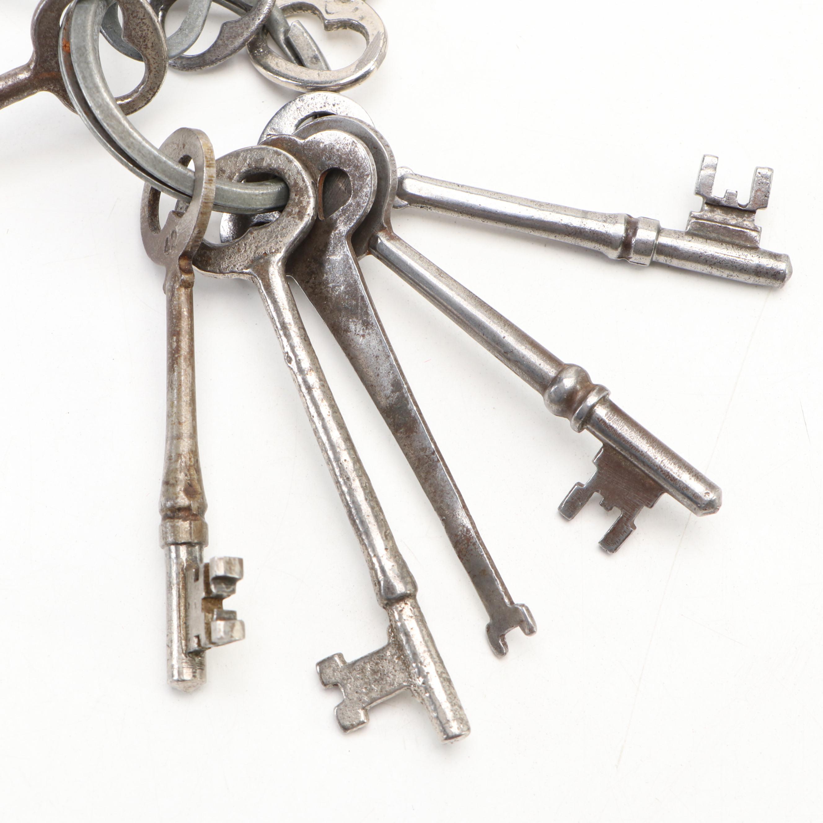 Corbin and More Metal Skeleton Keys on Ring, Early to Mid-20th Century