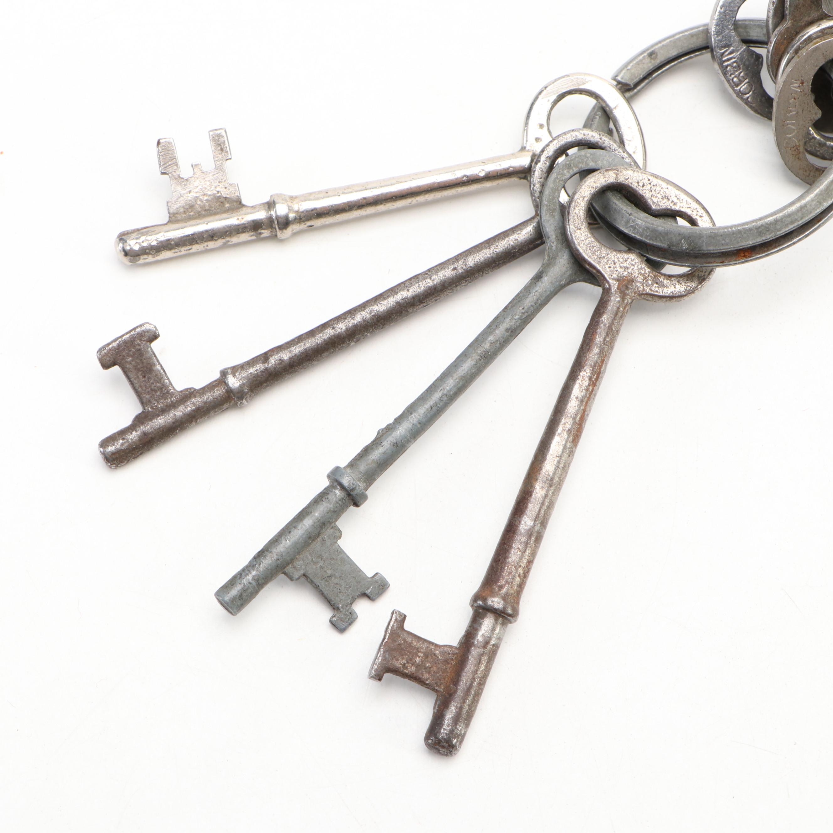 Corbin and More Metal Skeleton Keys on Ring, Early to Mid-20th Century