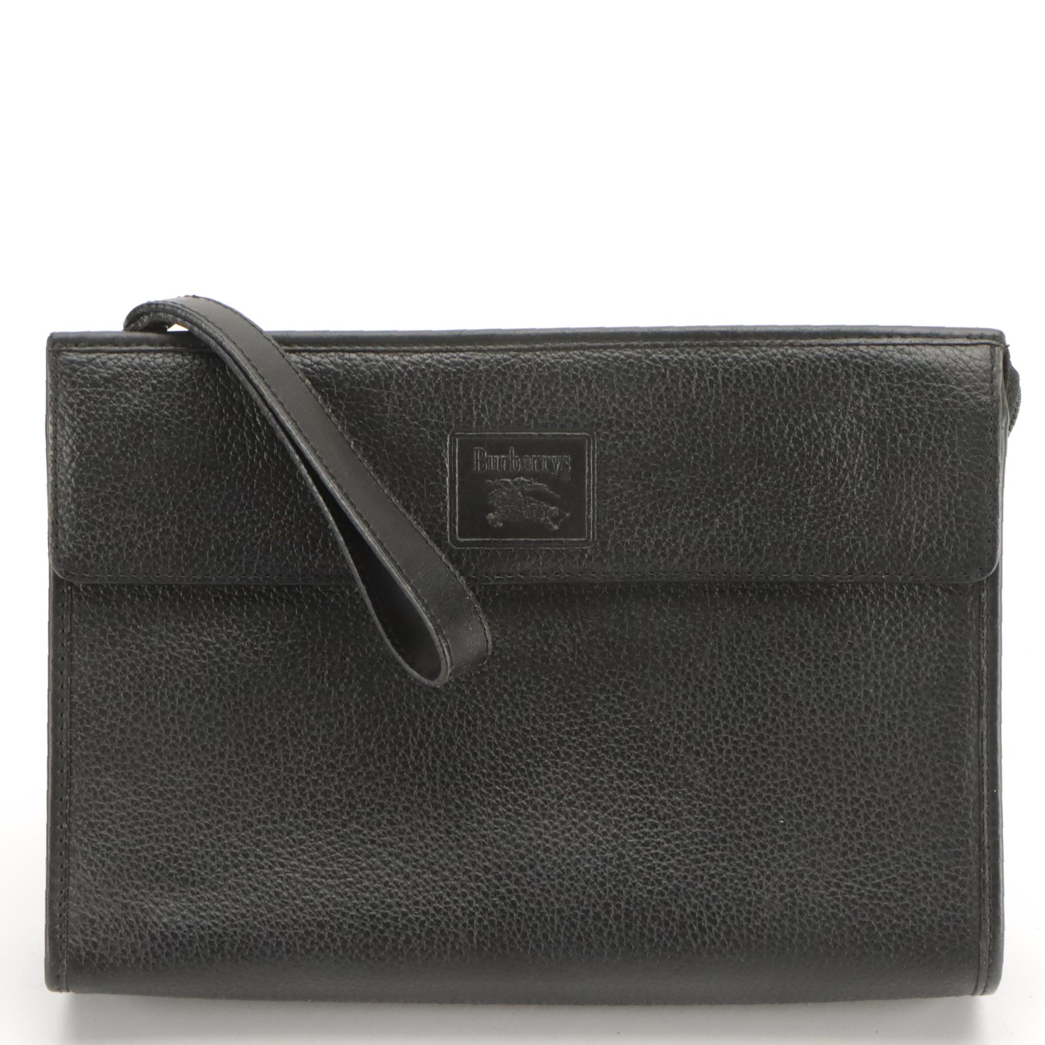 Burberrys Black Grain Leather Zip Clutch Wristlet with Haymarket Check Lining