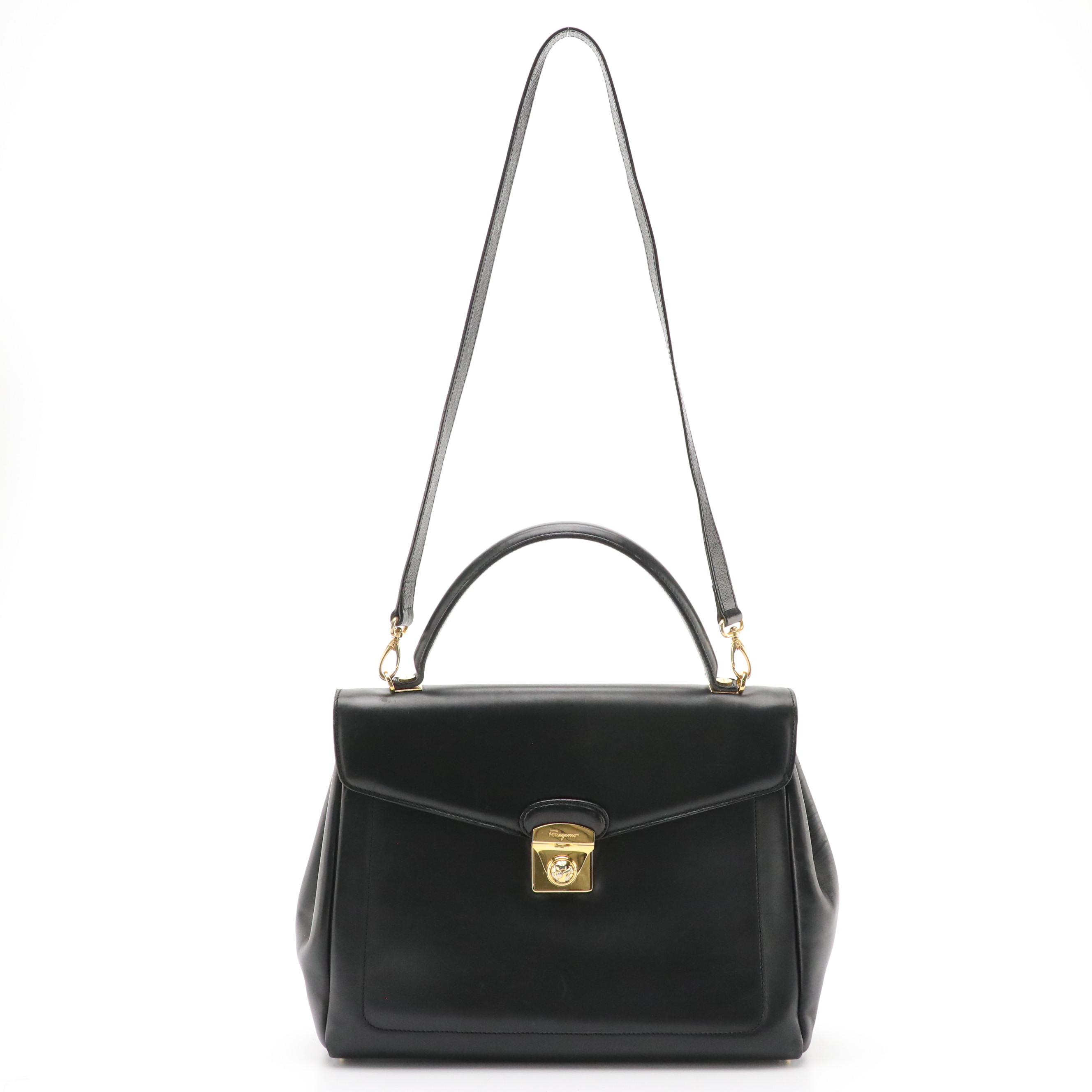 Salvatore Ferragamo Top Handle Satchel in Smooth Black Leather