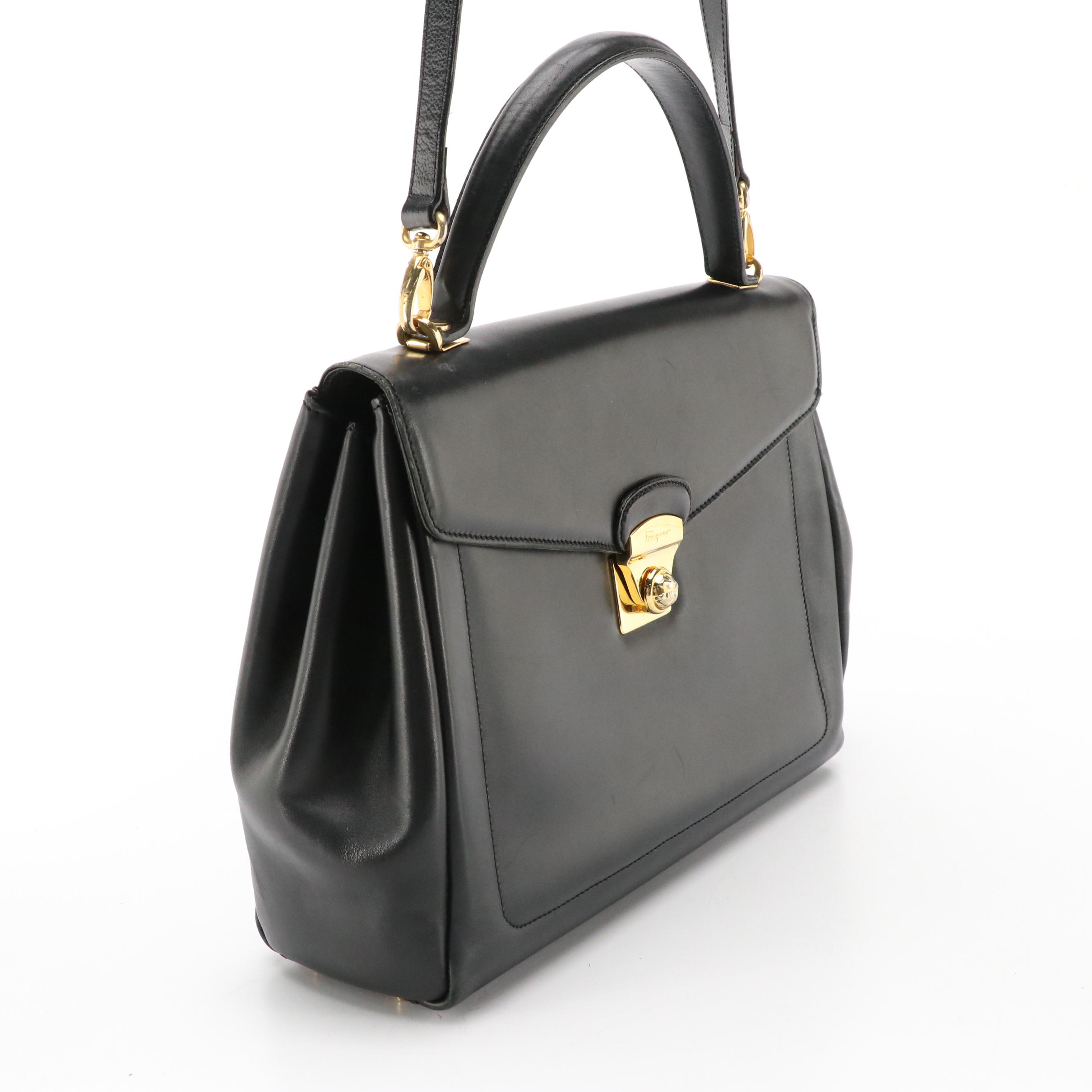 Salvatore Ferragamo Top Handle Satchel in Smooth Black Leather