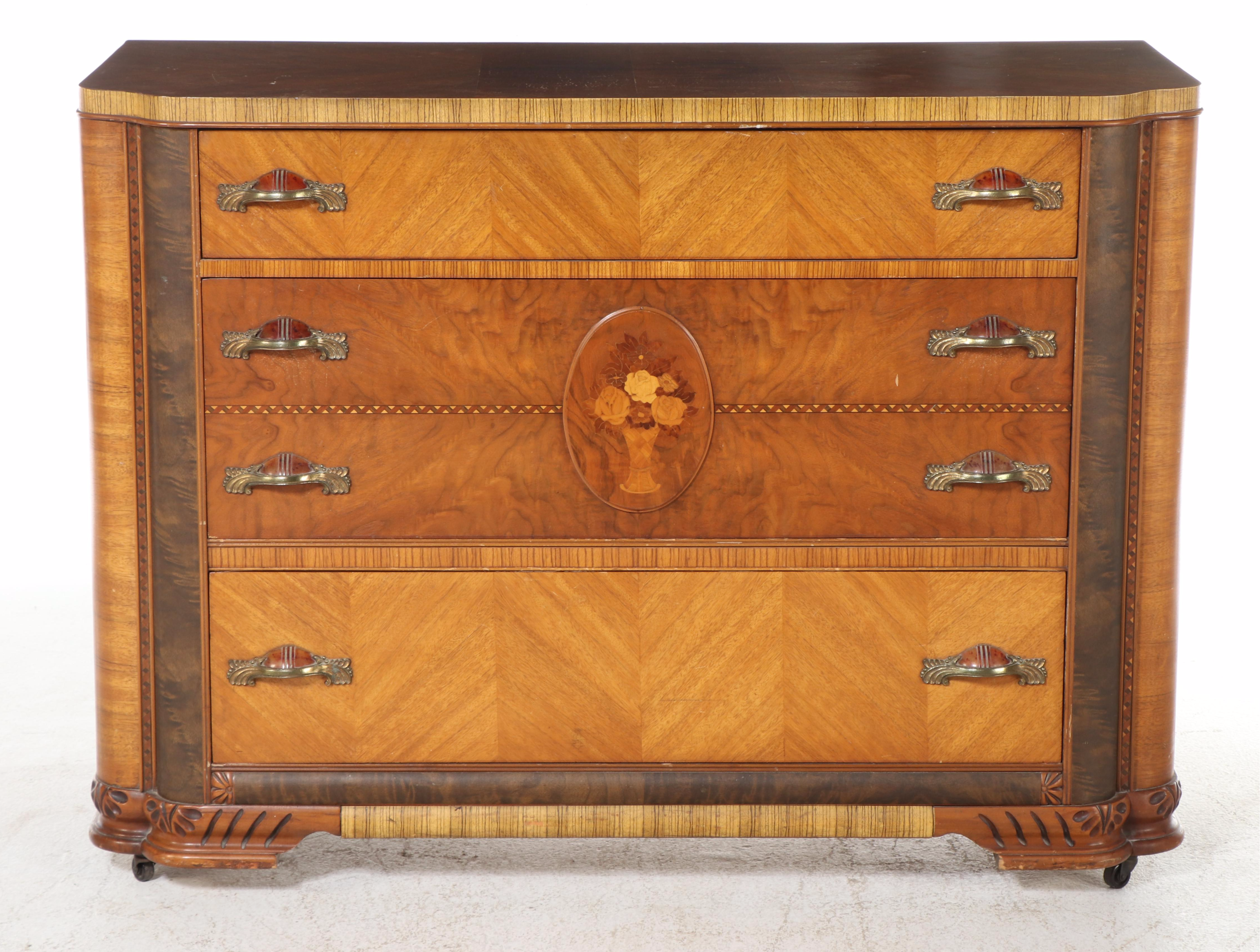 Art Deco Walnut and Marquetry Three-Drawer Chest, Circa 1930