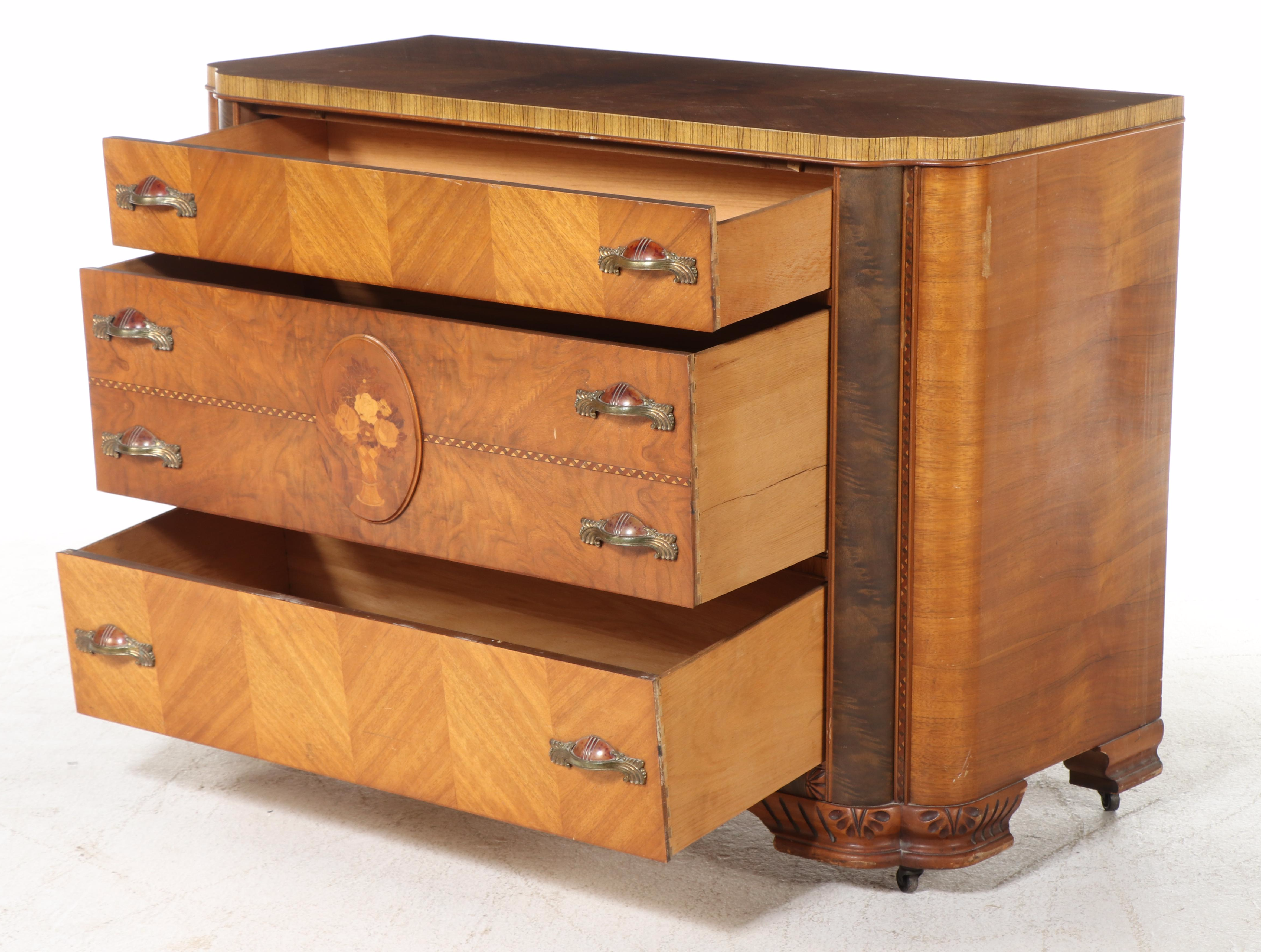 Art Deco Walnut and Marquetry Three-Drawer Chest, Circa 1930