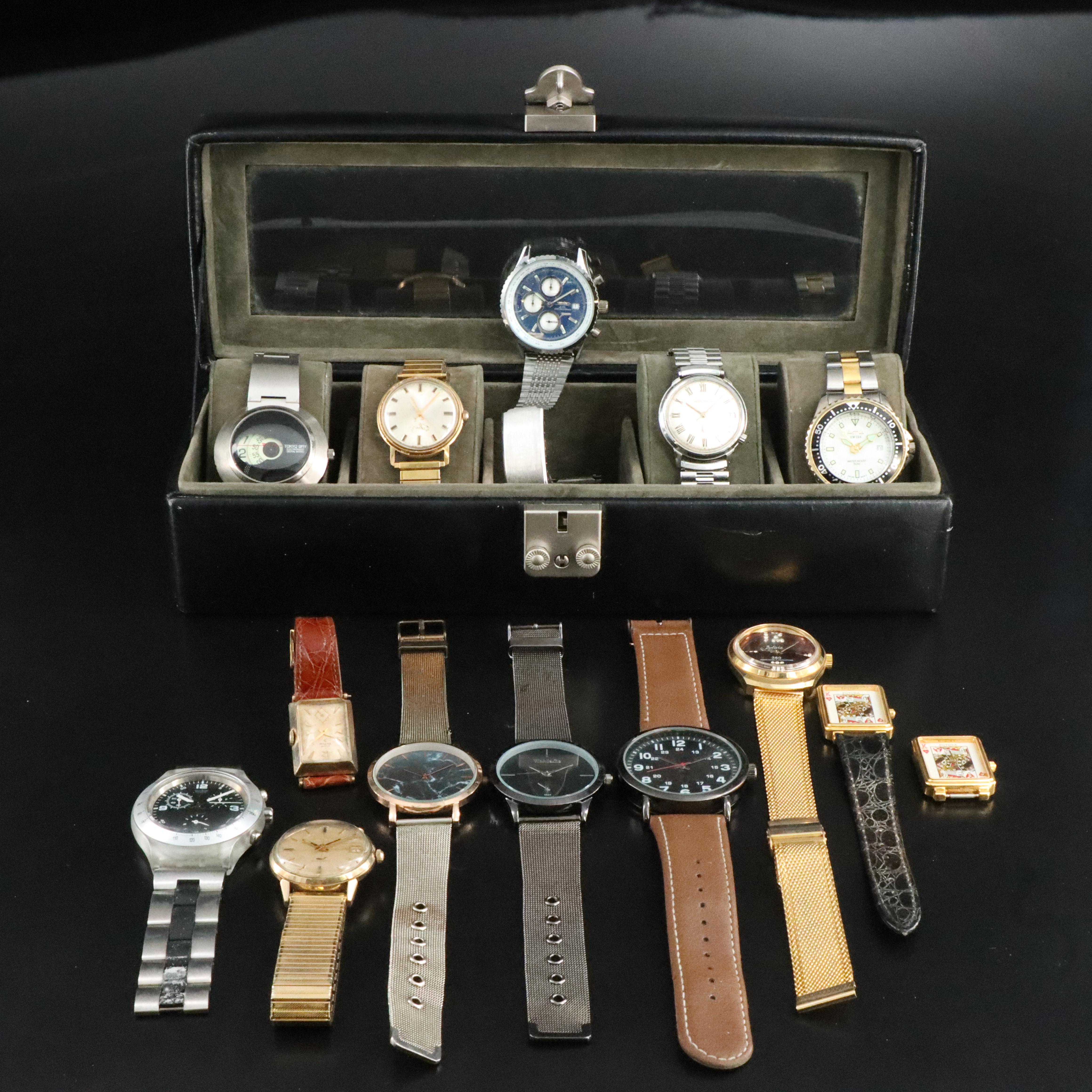 Collection of Wristwatches with Case Featuring Bulova and Tokyo Bay