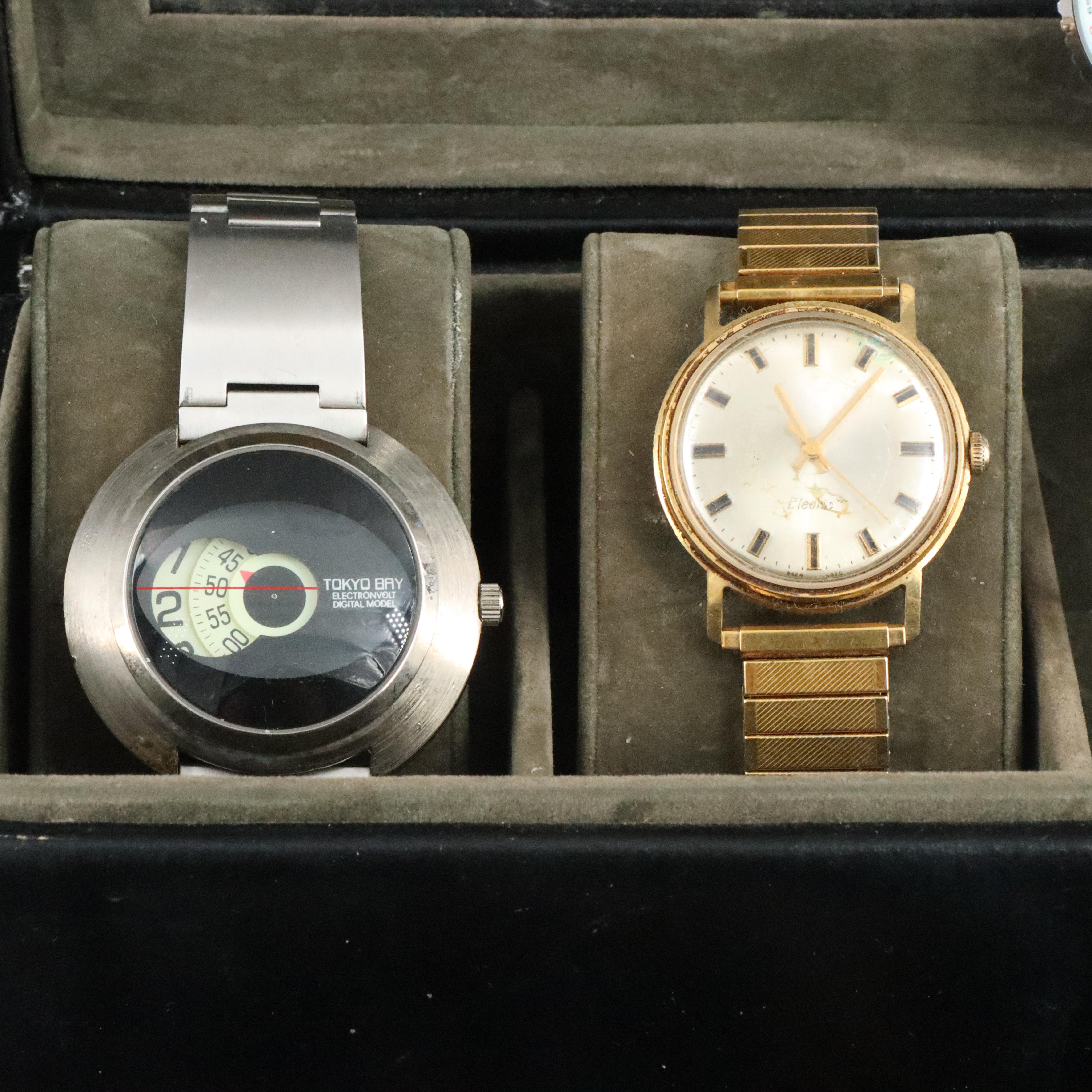 Collection of Wristwatches with Case Featuring Bulova and Tokyo Bay