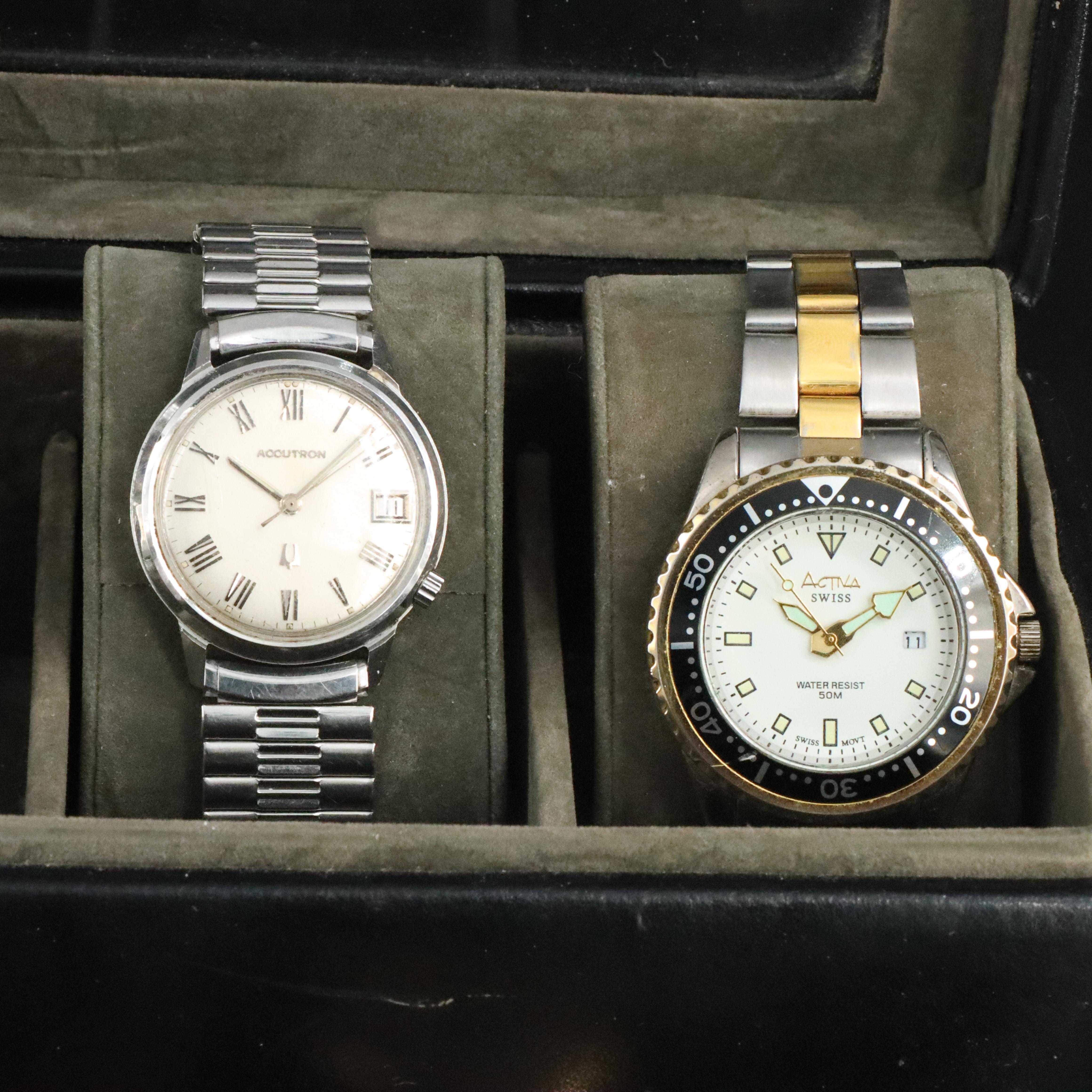Collection of Wristwatches with Case Featuring Bulova and Tokyo Bay