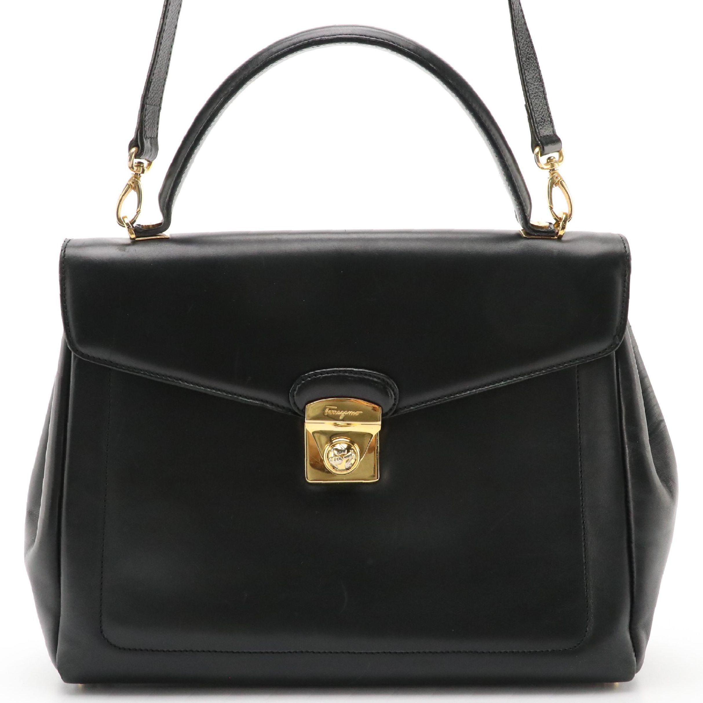 Salvatore Ferragamo Top Handle Satchel in Smooth Black Leather