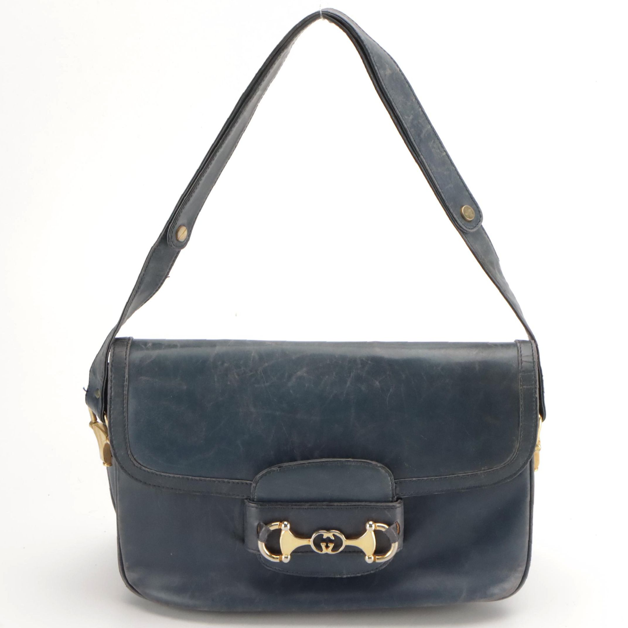 Gucci Vintage Horsebit 1955 Shoulder Bag in Navy Blue Leather