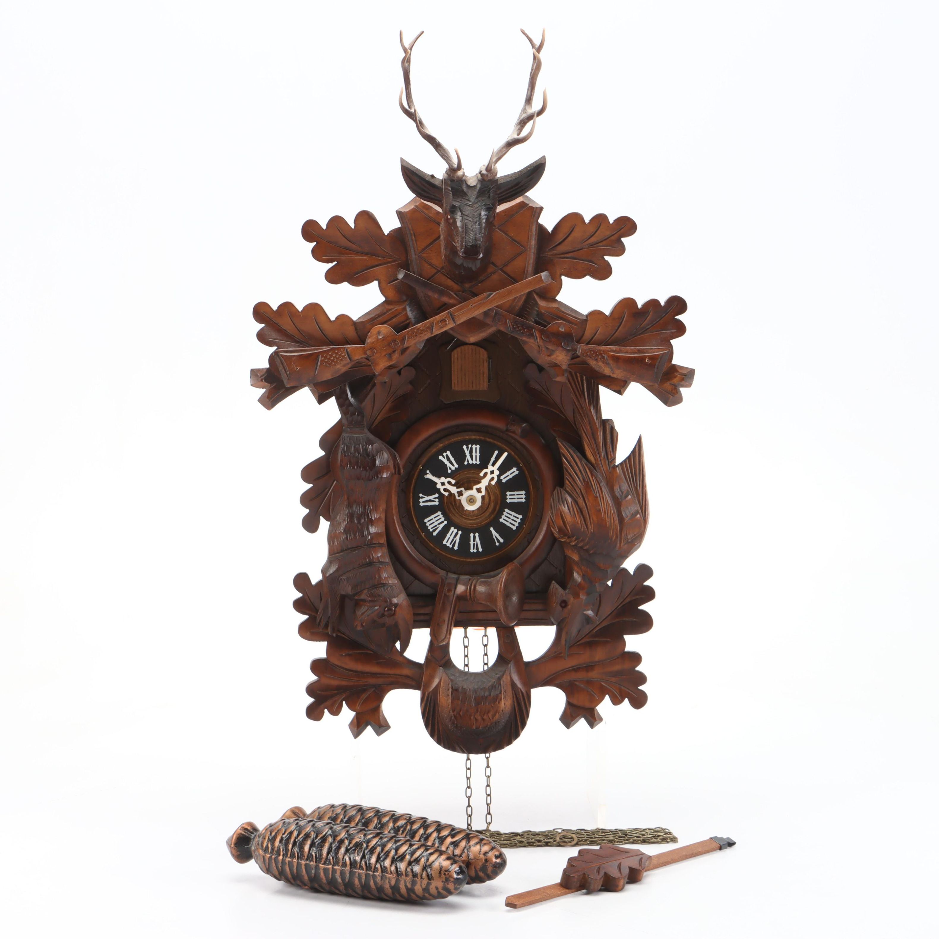 German Carved Walnut Hunter Cuckoo Clock, Late 20th Century
