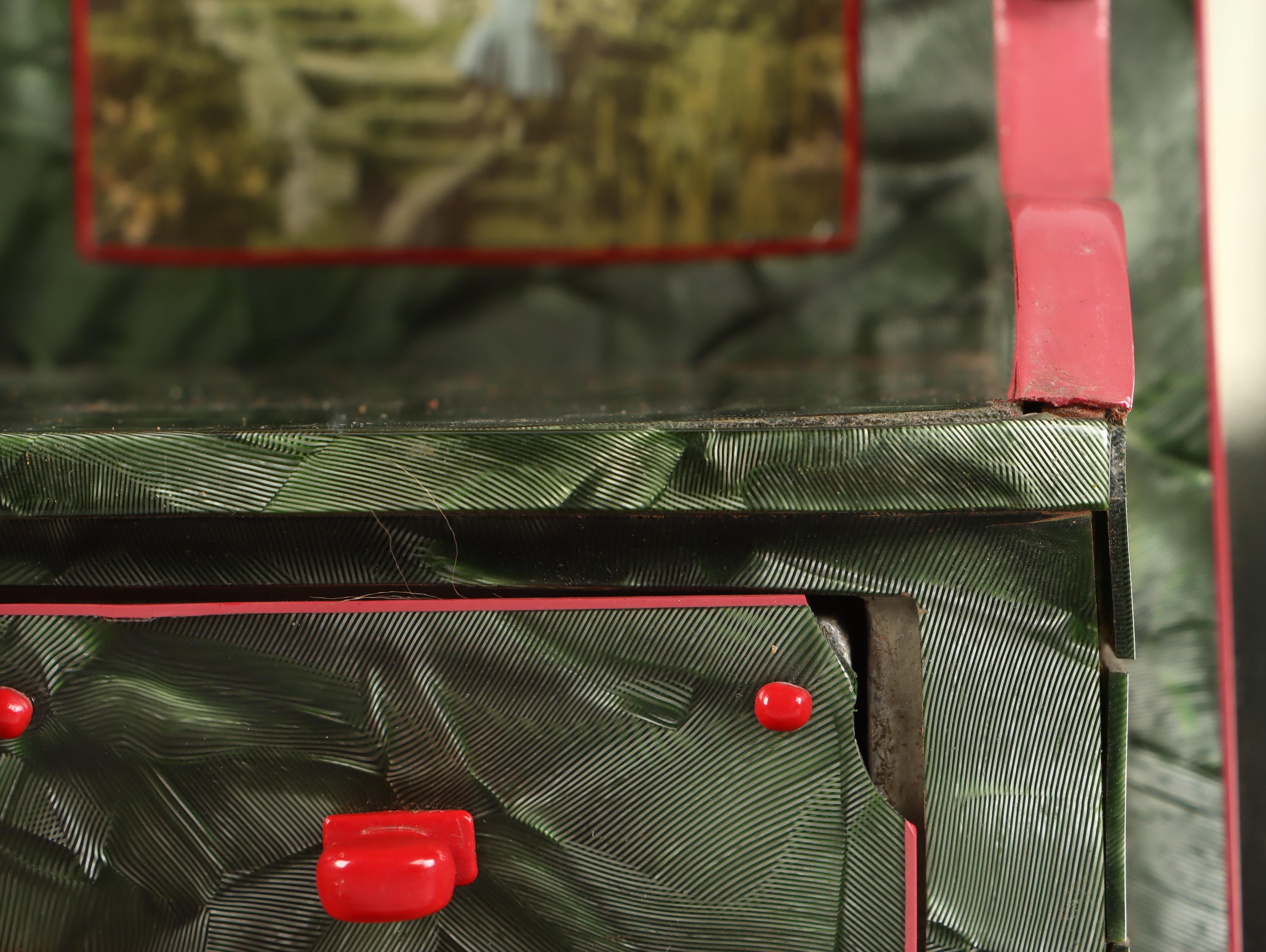 Art Deco Handcrafted Red and Green Bakelite Over Wood Jewelry Box