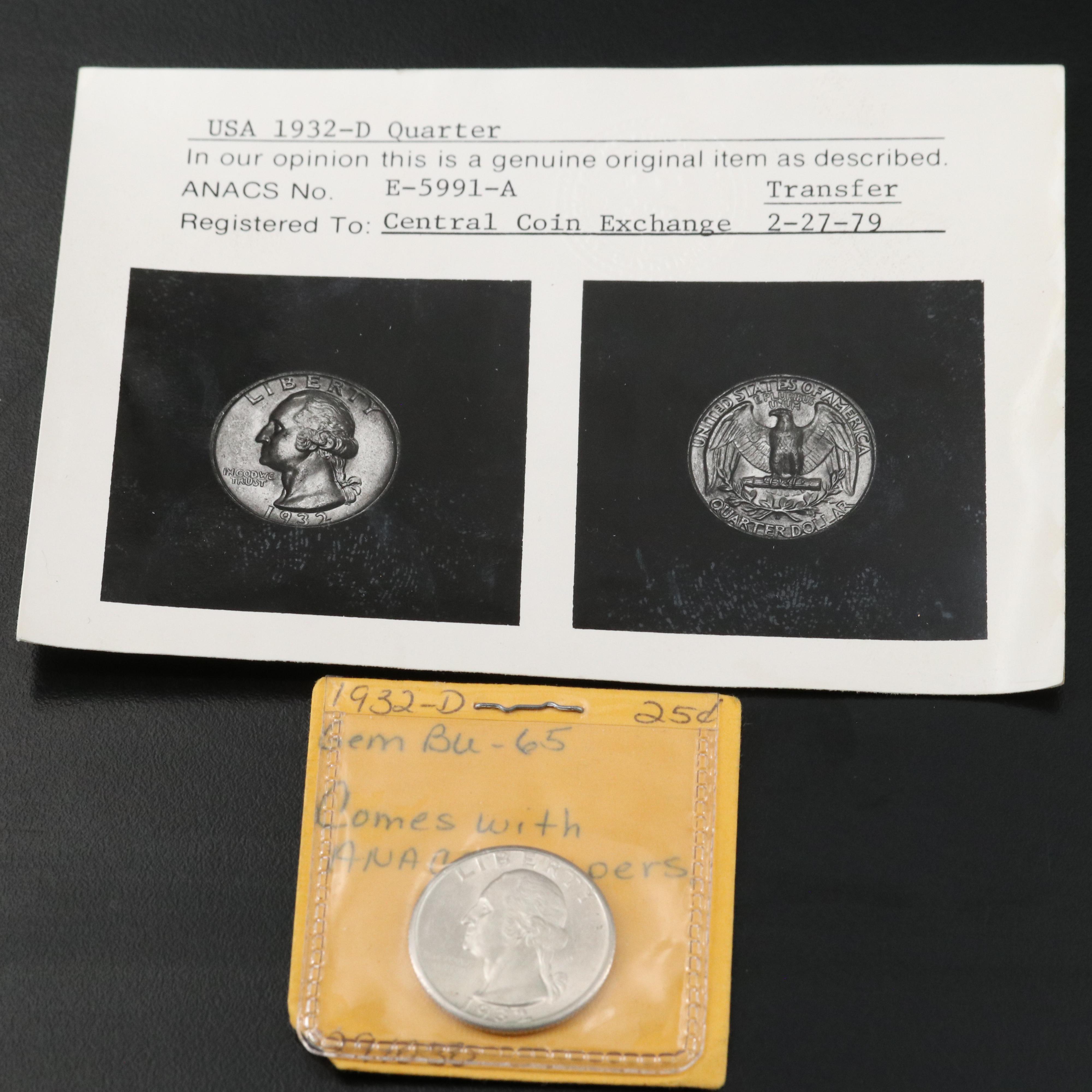 Key Date Uncirculated 1932-D Washington Silver Quarter