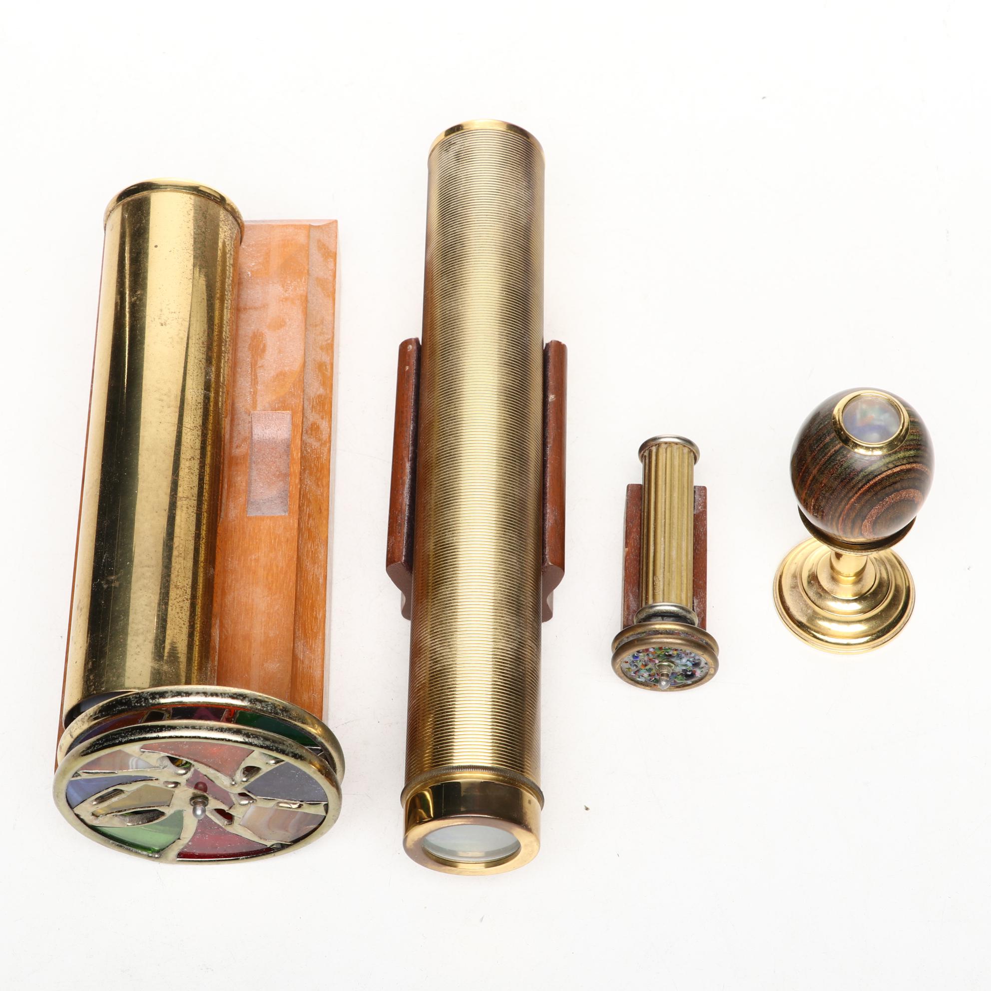 Van Cort and Other Brass Kaleidoscopes with Wooden Display Stands