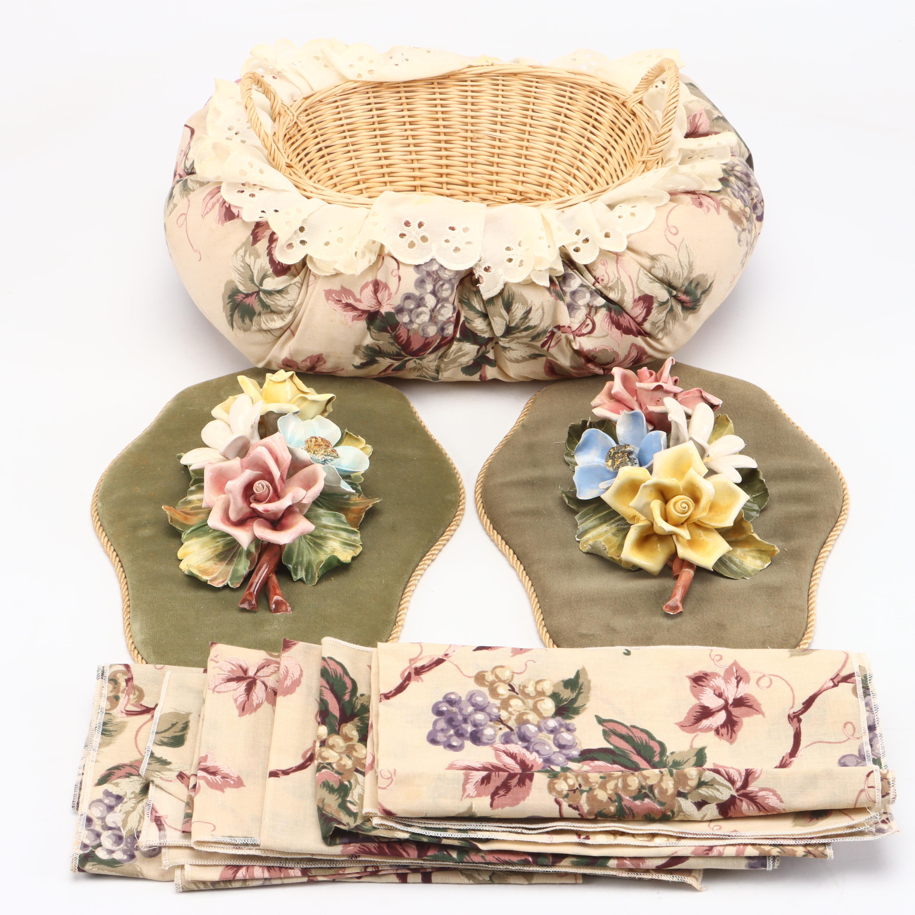 Fabric Basket and Napkins with Velvet-Mounted Ceramic Flowers Wall Hanging