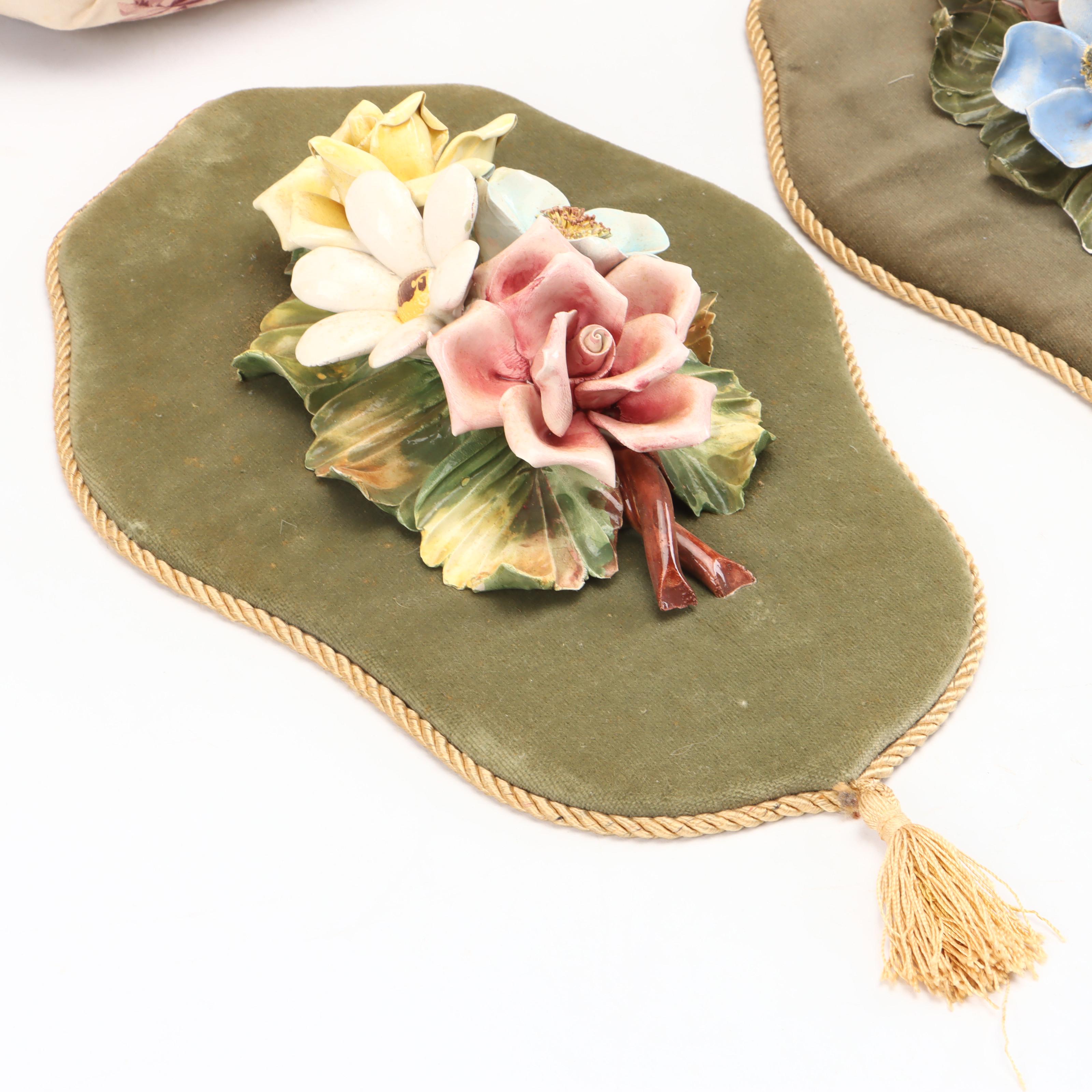 Fabric Basket and Napkins with Velvet-Mounted Ceramic Flowers Wall Hanging