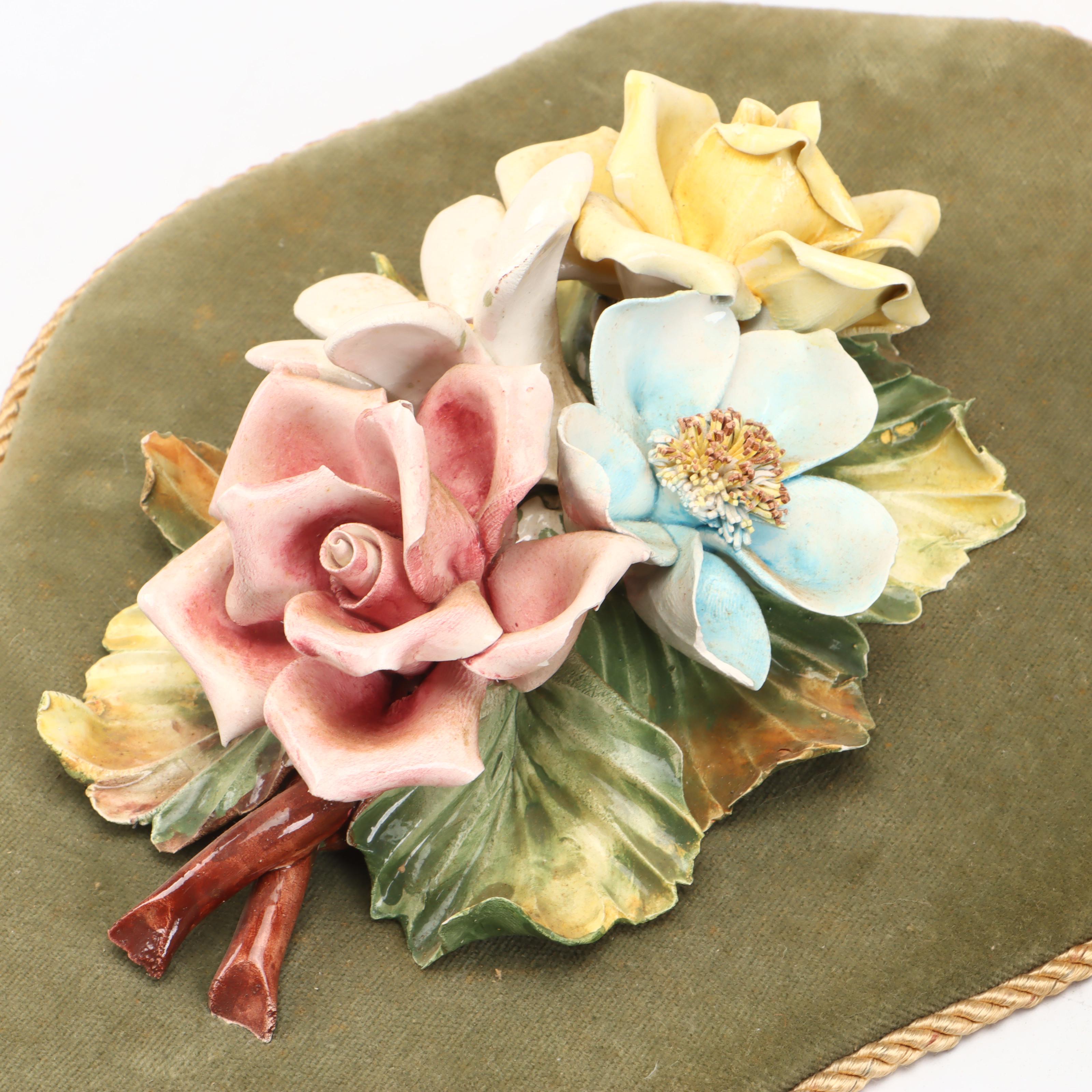 Fabric Basket and Napkins with Velvet-Mounted Ceramic Flowers Wall Hanging