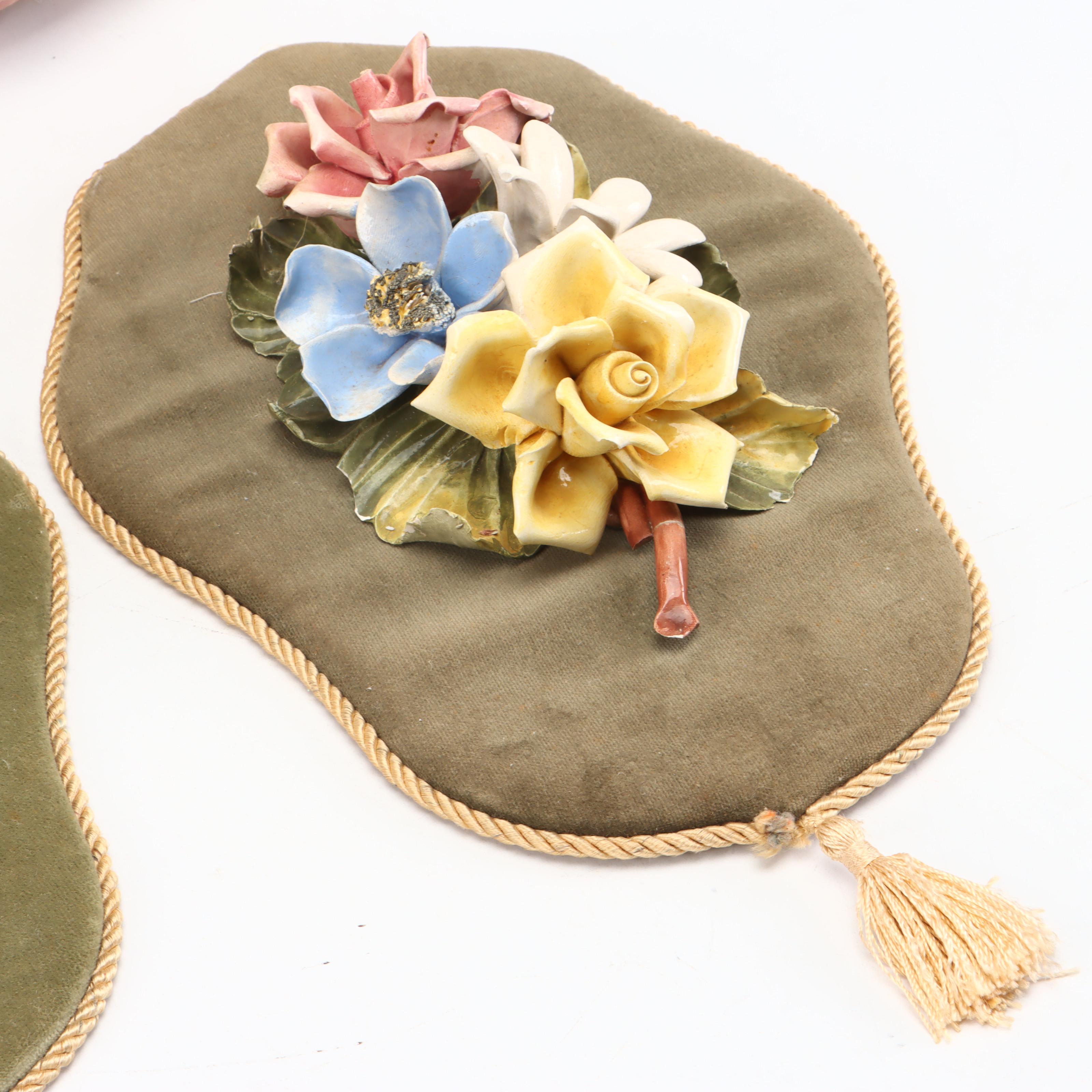 Fabric Basket and Napkins with Velvet-Mounted Ceramic Flowers Wall Hanging
