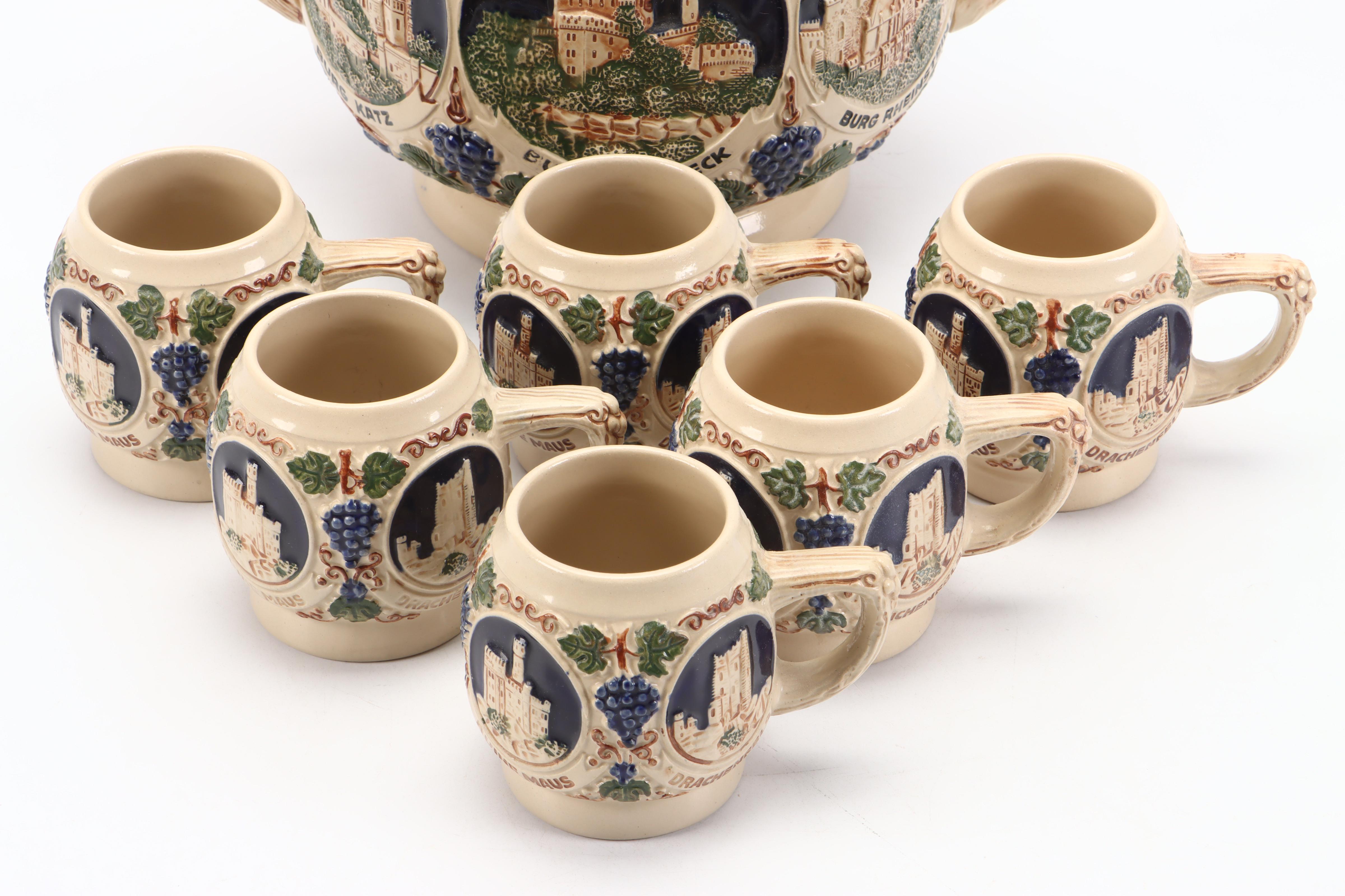 Gerzit Hand-Painted Stoneware Castles on the Rhine Punch Set, Late 20th Century