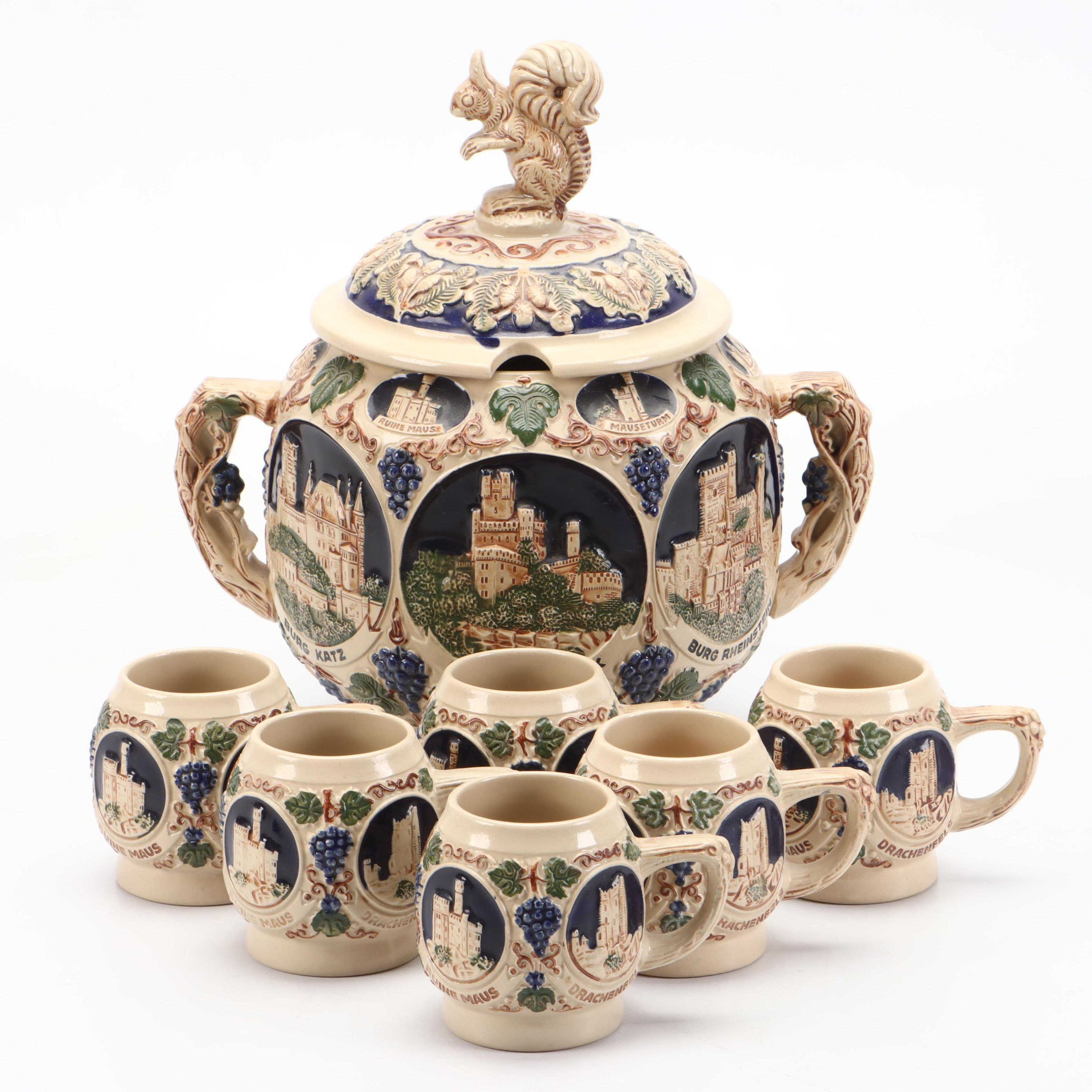Gerzit Hand-Painted Stoneware Castles on the Rhine Punch Set, Late 20th Century
