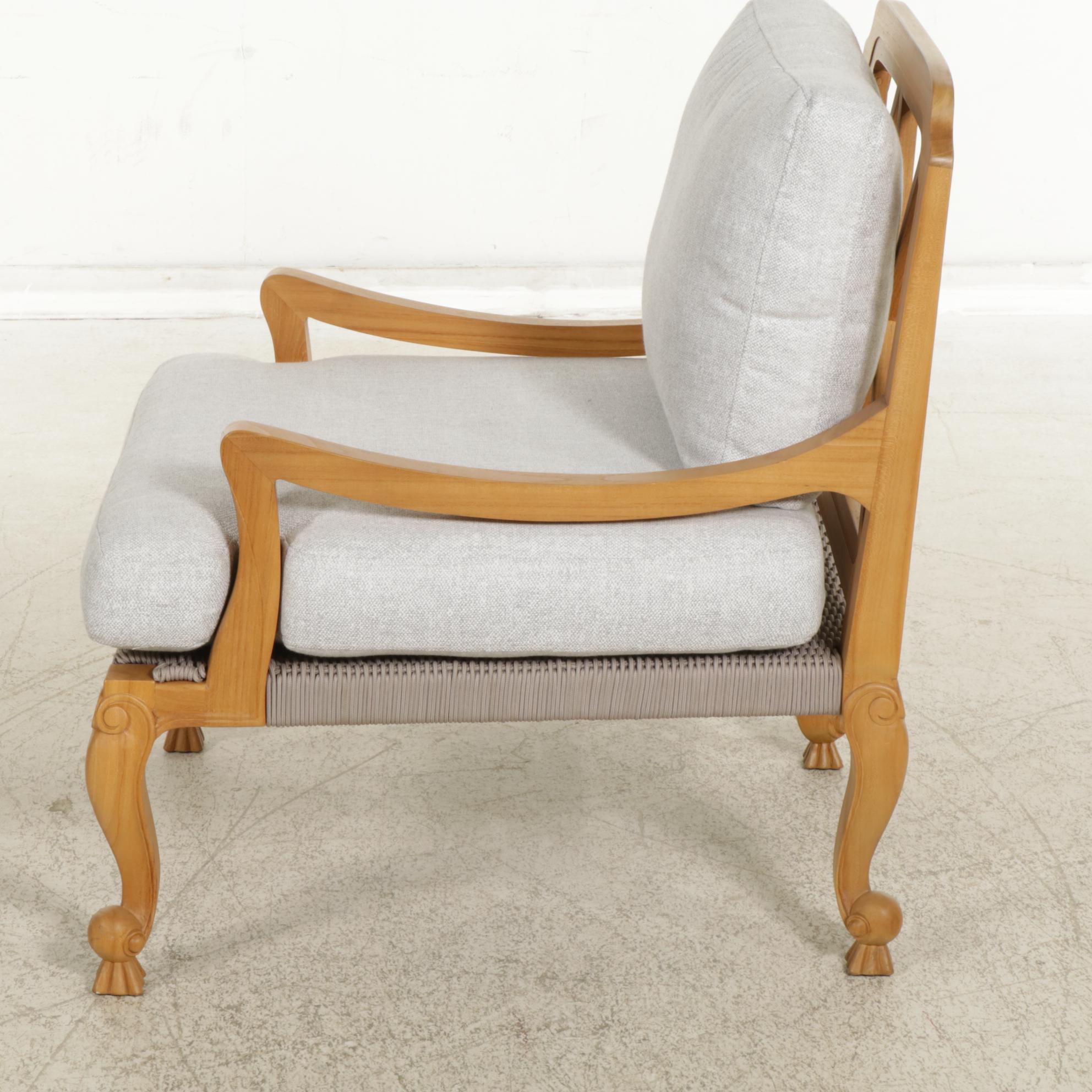 Carved Wood Patio Armchair with Woven Cord Seat Support, 21st Century