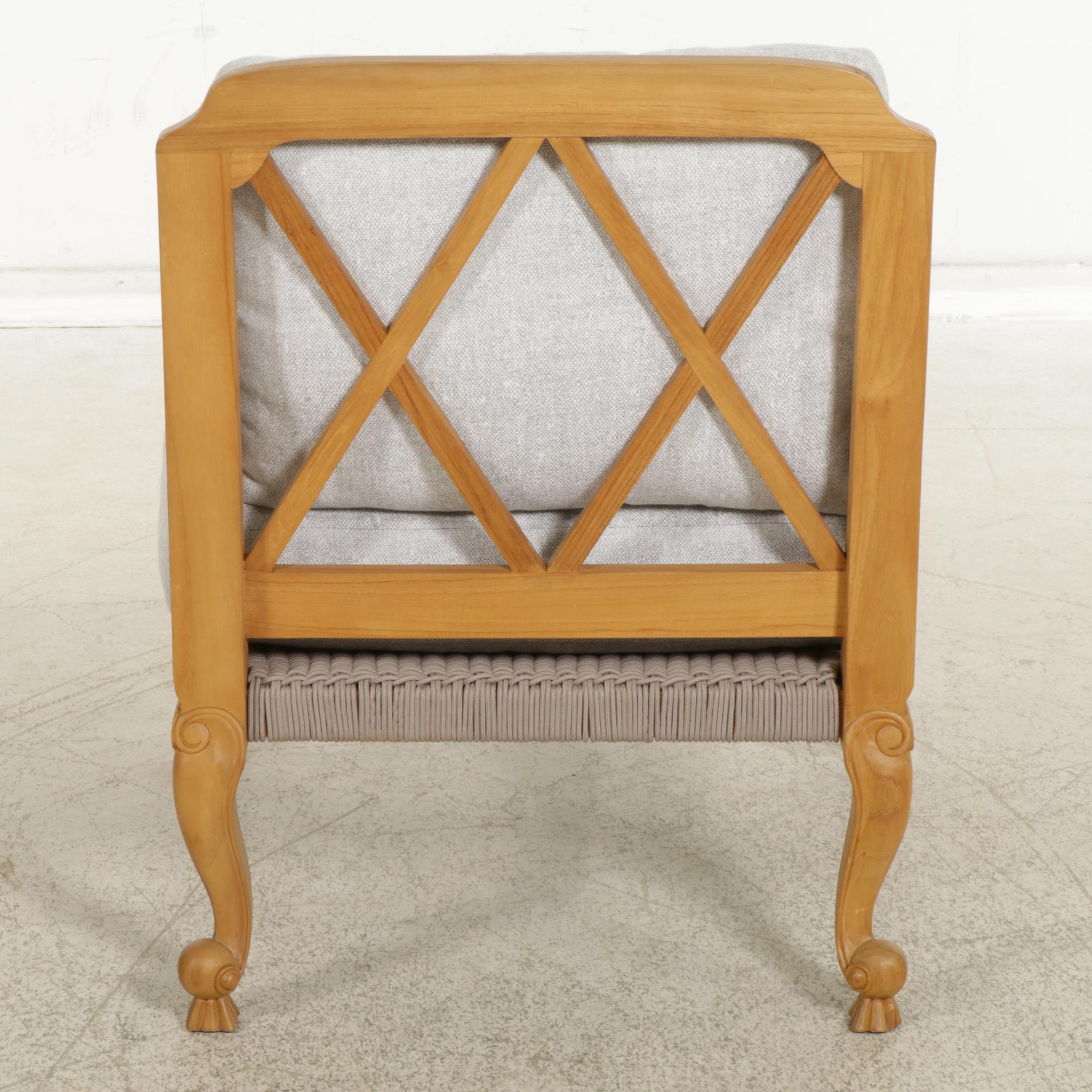 Carved Wood Patio Armchair with Woven Cord Seat Support, 21st Century