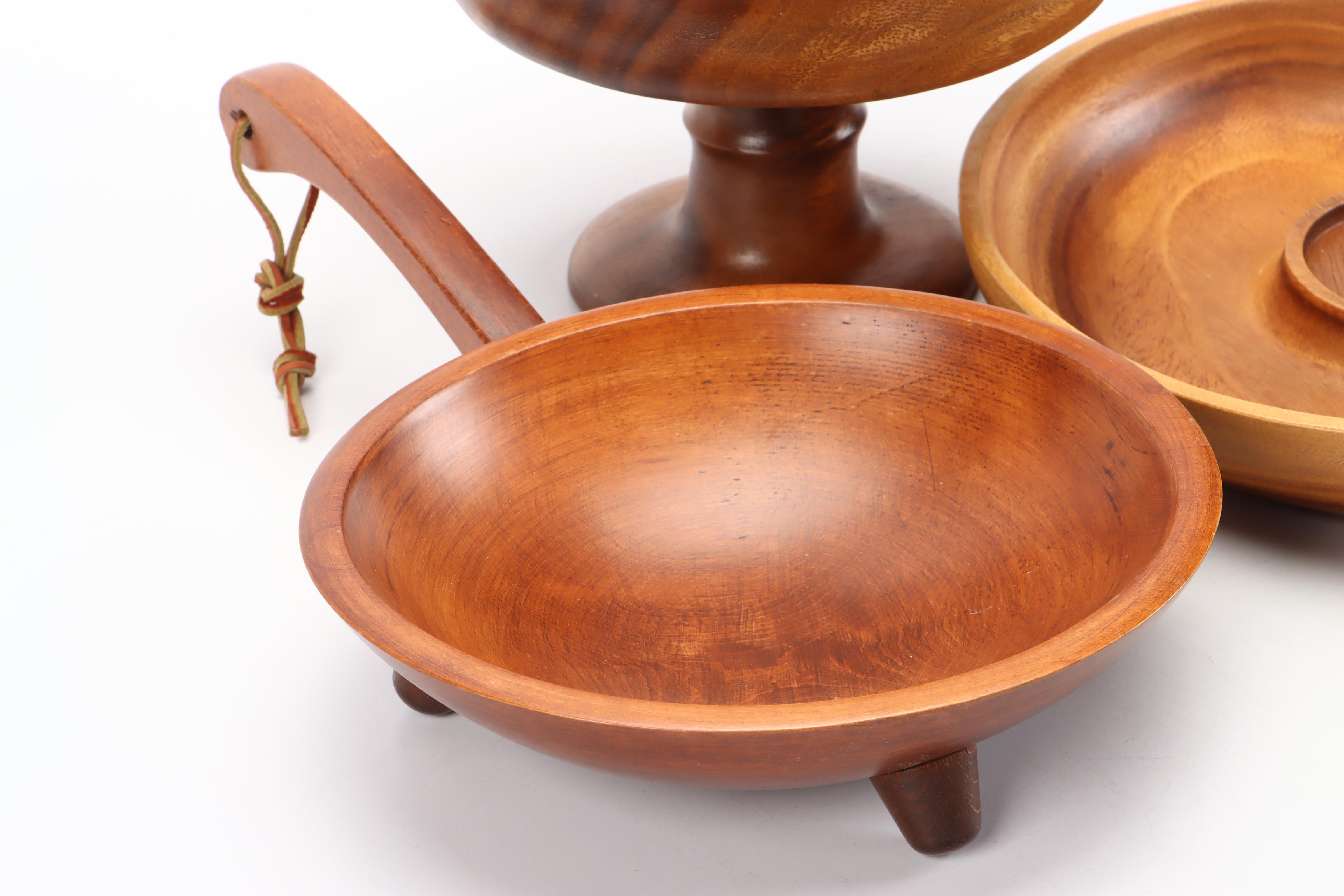 Munising Footed Bowl with Other Wooden Serving Pieces, Mid to Late 20th Century