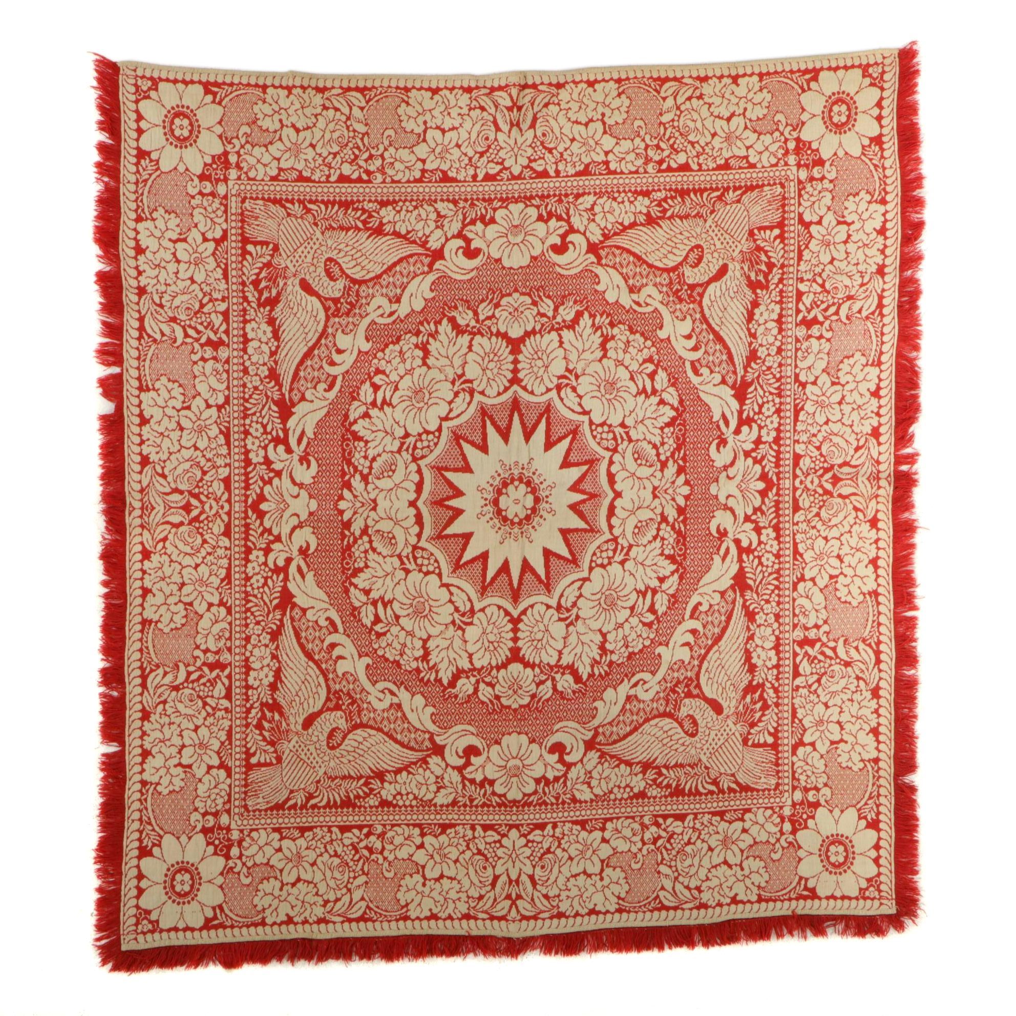 American Eagle and Star Red and White Jacquard Loomed Coverlet