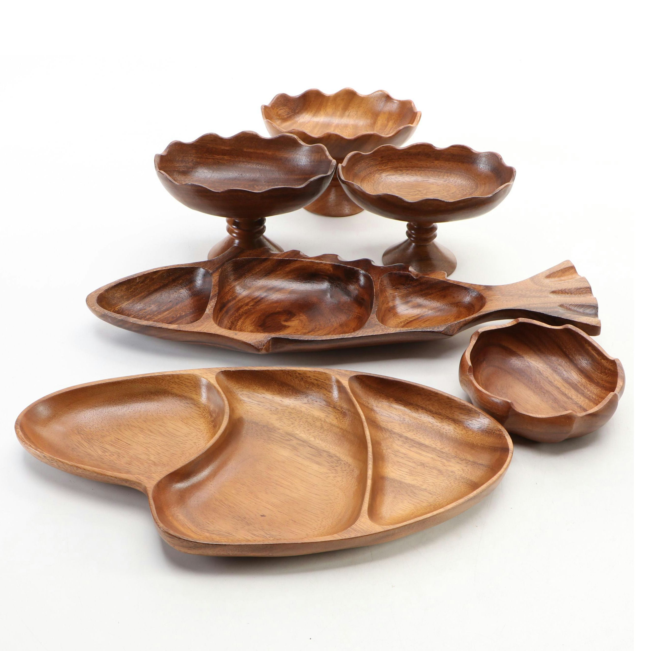 Filipino Monkey Pod Divided Serving Trays with Serving Bowls, Mid–Late 20th C.