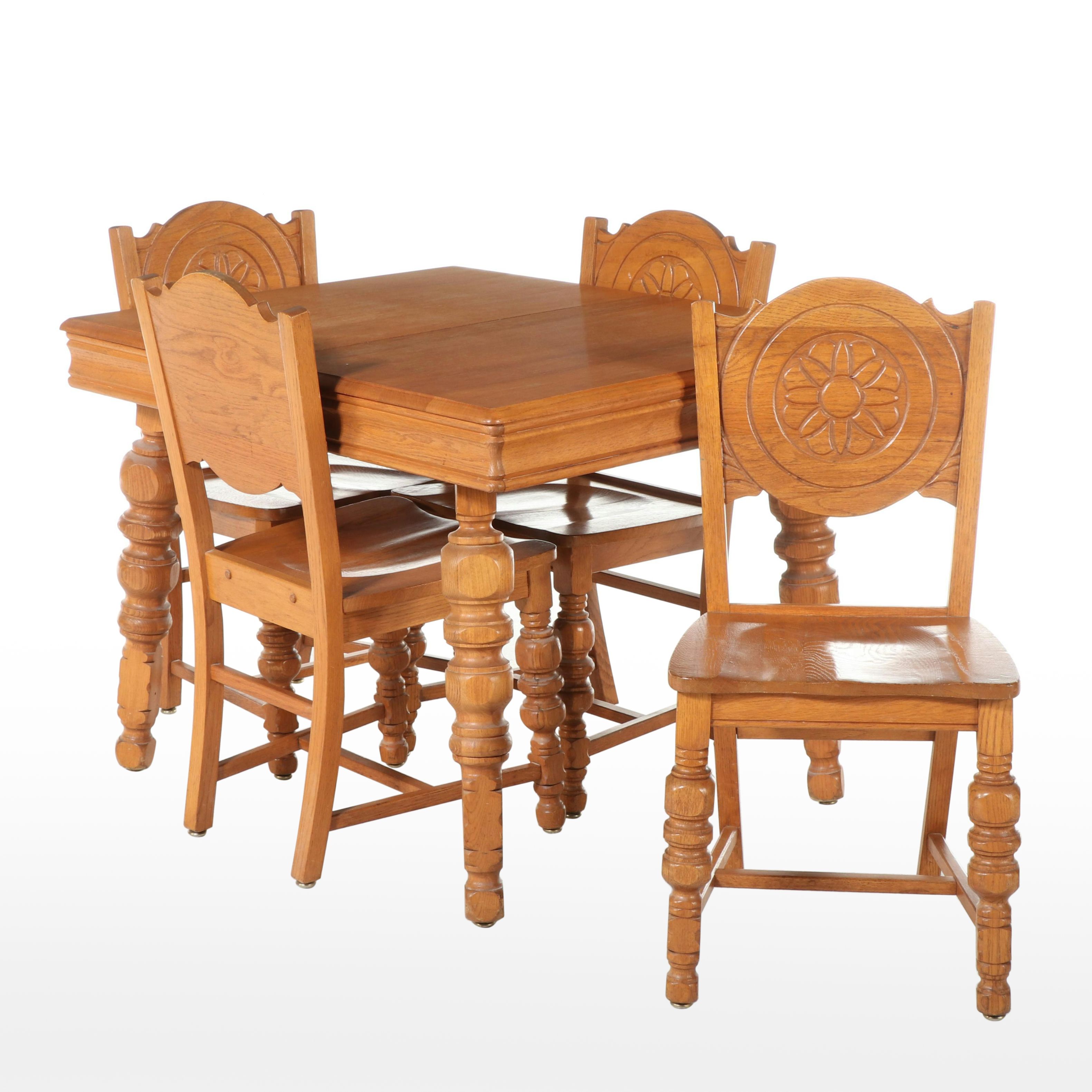 Victorian Style Oak Dining Table and Four Press-Carved Chairs