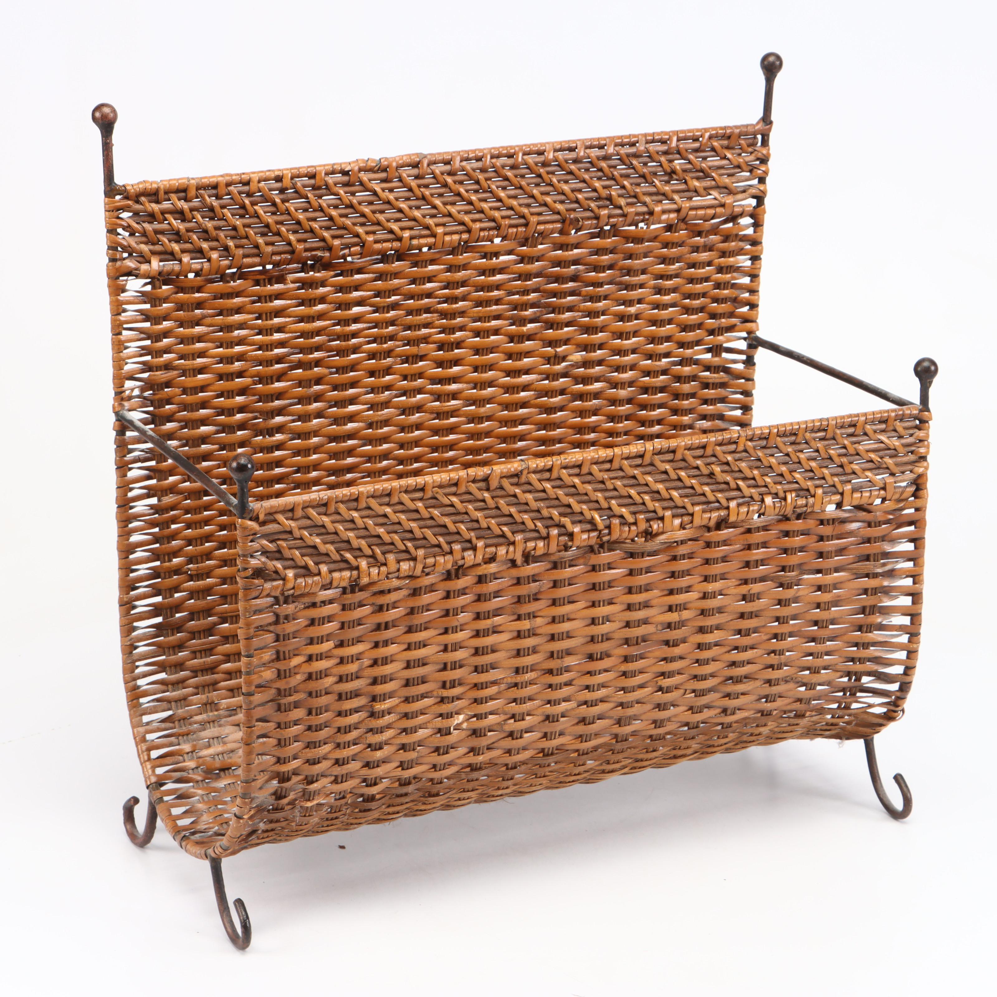 Wicker Metal Footed Magazine Stand and Storage Basket