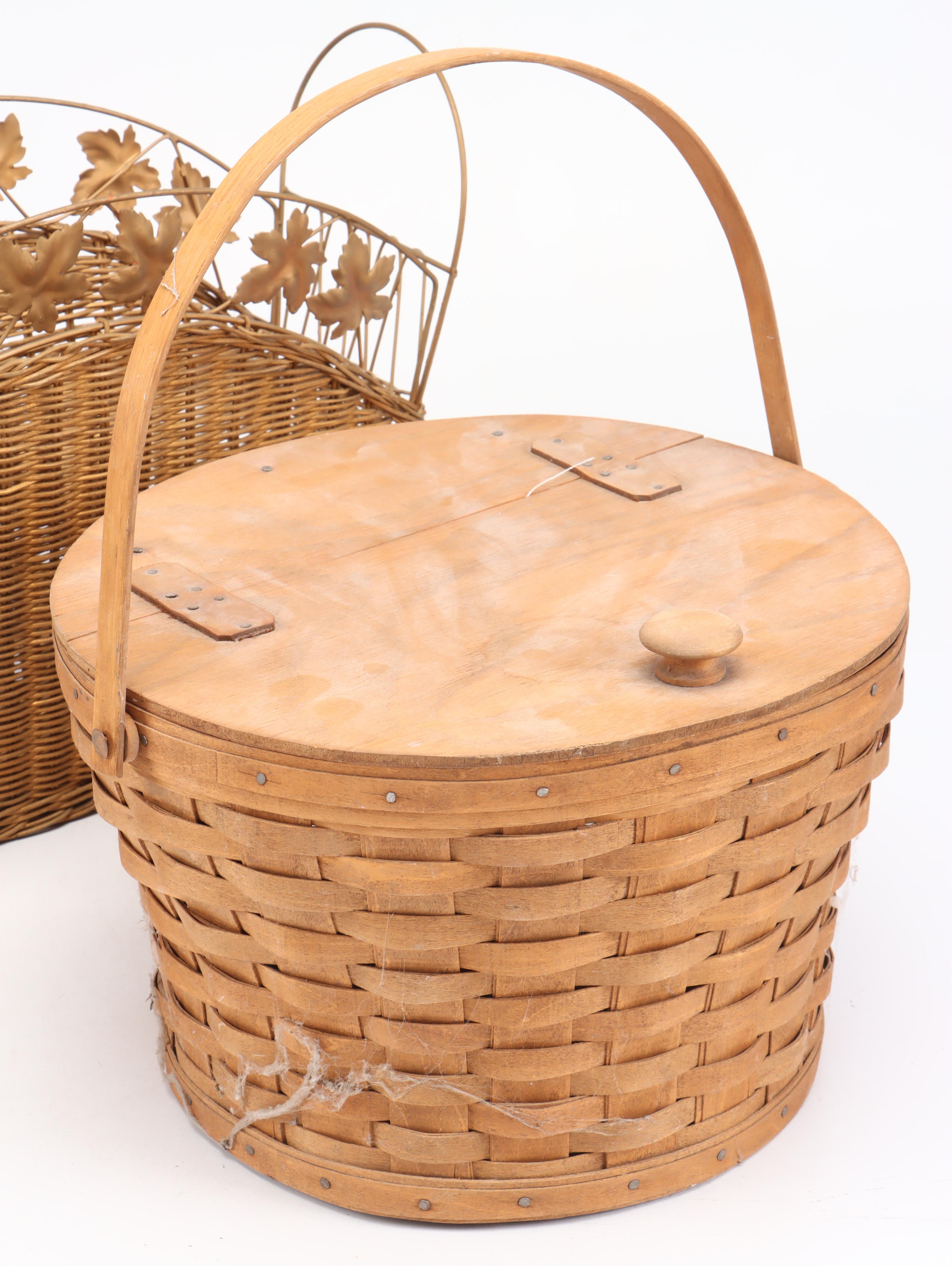 Longberger Wicker Baskets with Gilt Wicket Magazine Rack