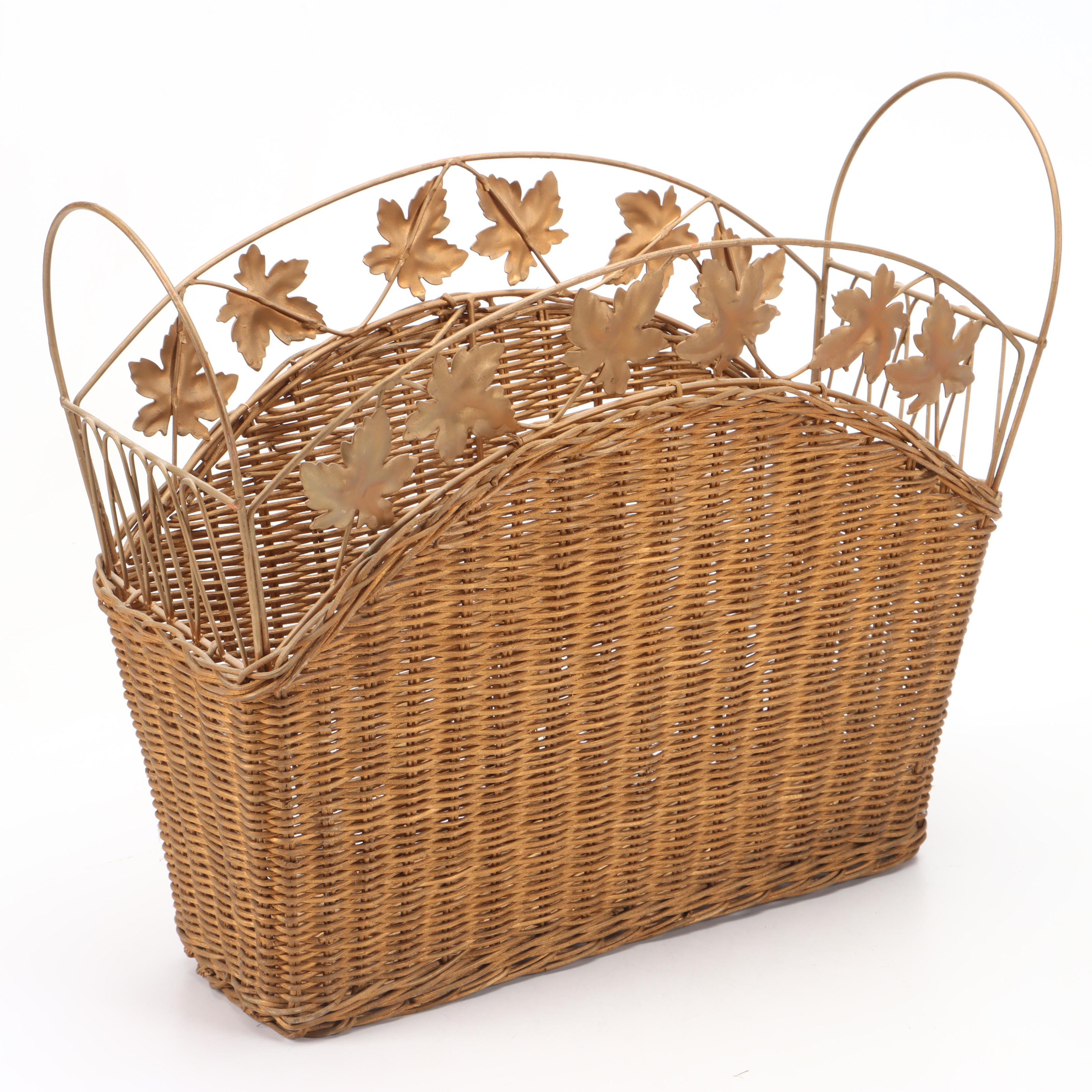 Longberger Wicker Baskets with Gilt Wicket Magazine Rack