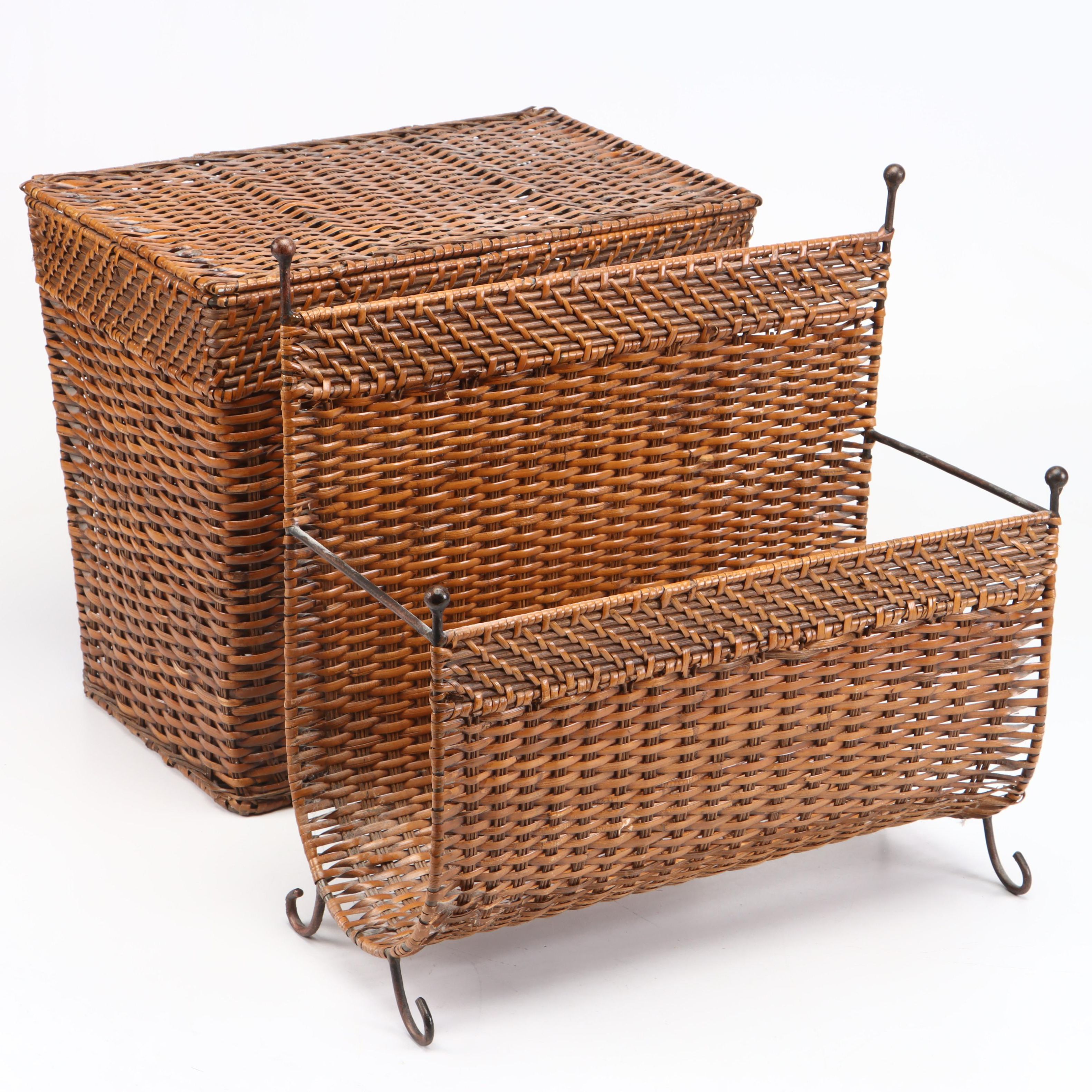 Wicker Metal Footed Magazine Stand and Storage Basket