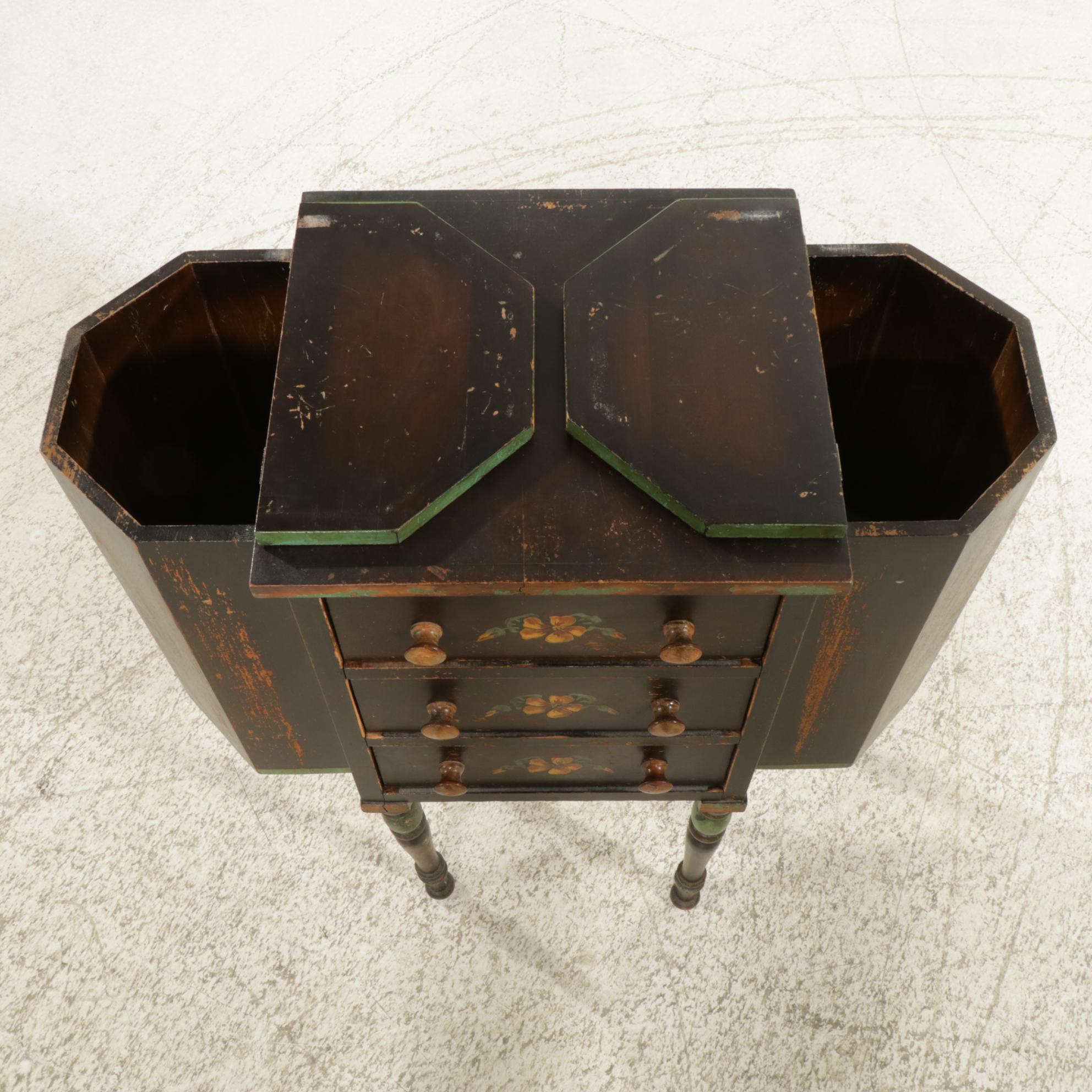 Painted Martha Washington Style Knitting Table, Early 20th Century