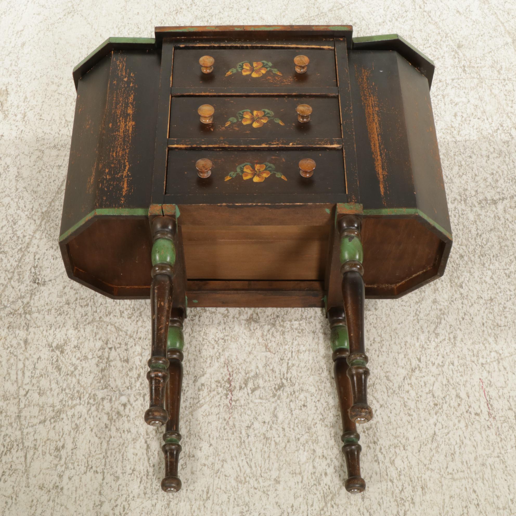 Painted Martha Washington Style Knitting Table, Early 20th Century