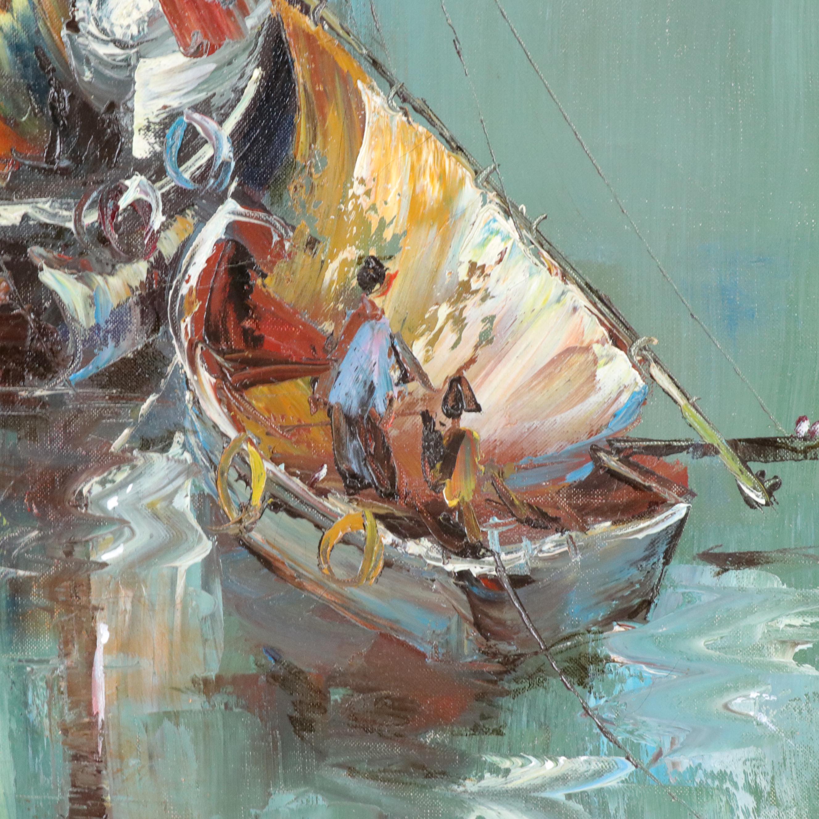 Mary Botto Maritime Oil Painting with Fishing Boats, Late 20th Century