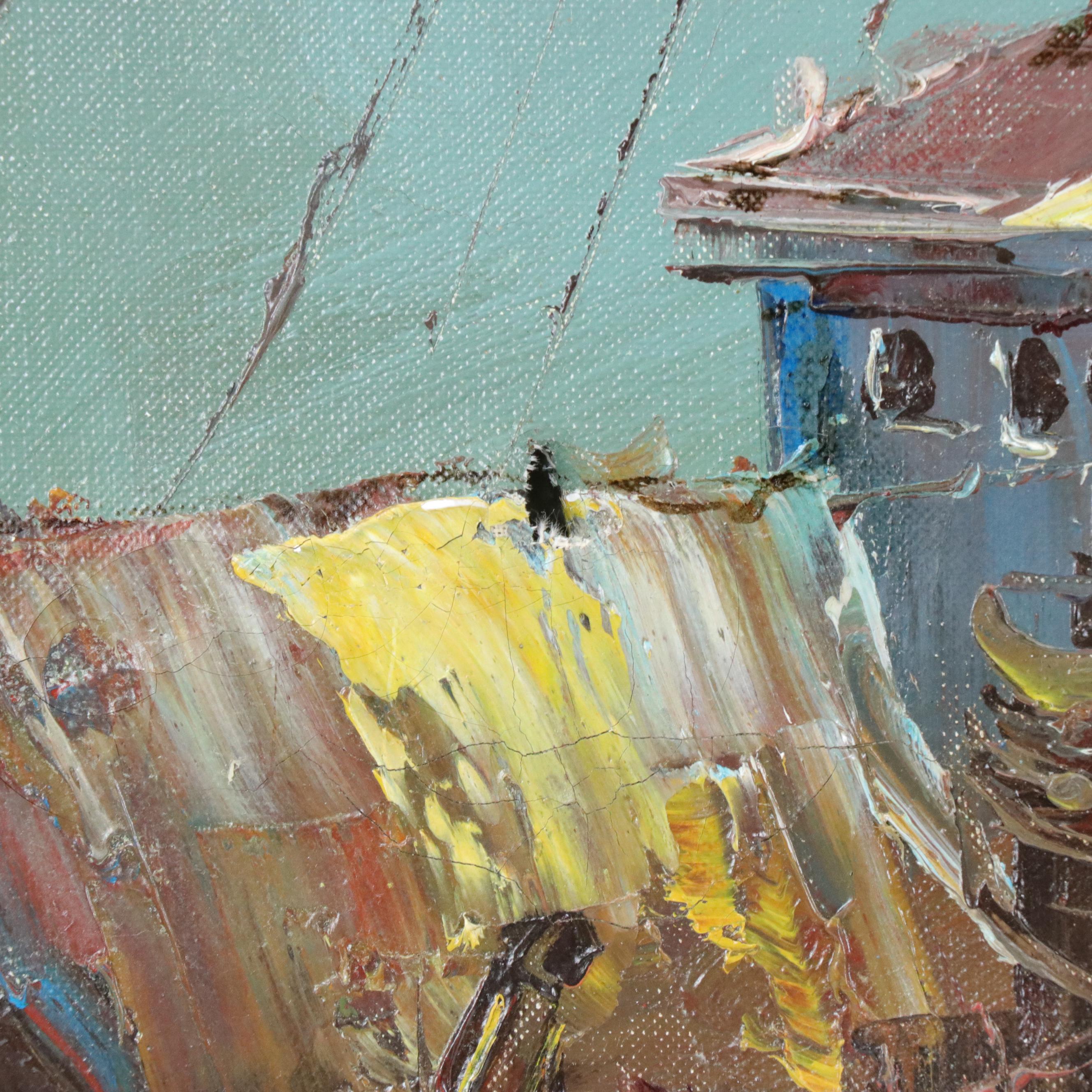 Mary Botto Maritime Oil Painting with Fishing Boats, Late 20th Century