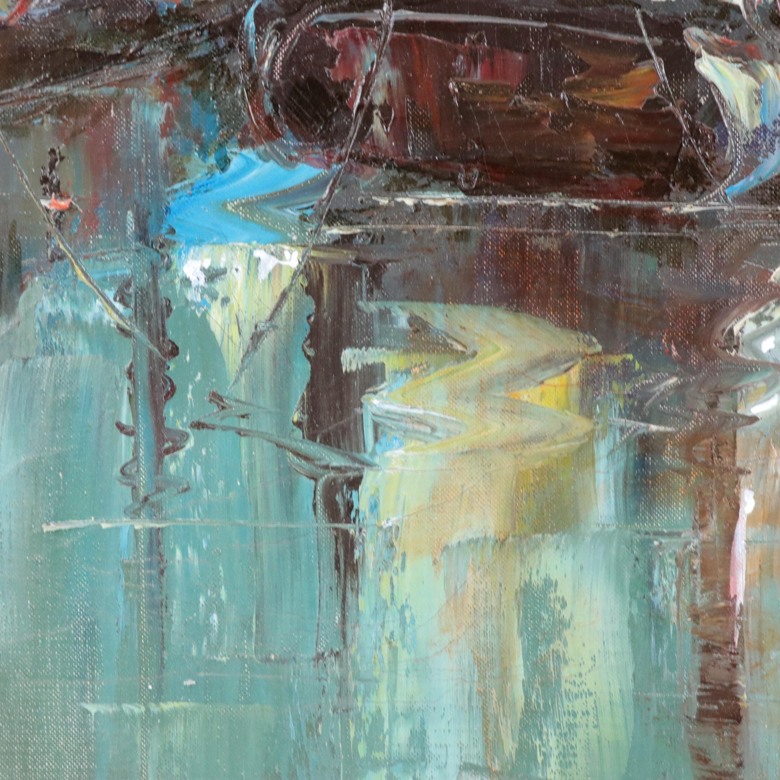 Mary Botto Maritime Oil Painting with Fishing Boats, Late 20th Century