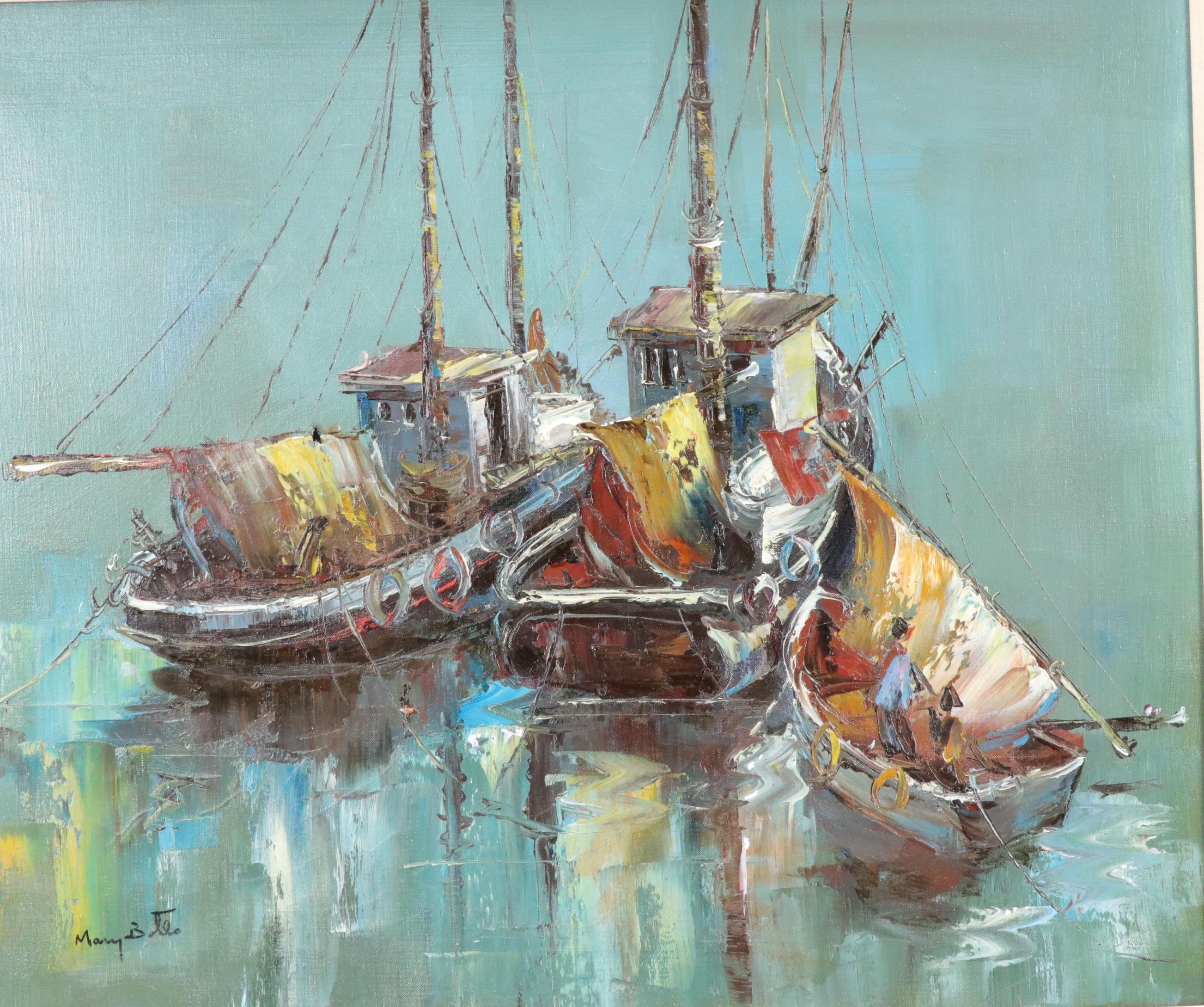 Mary Botto Maritime Oil Painting with Fishing Boats, Late 20th Century