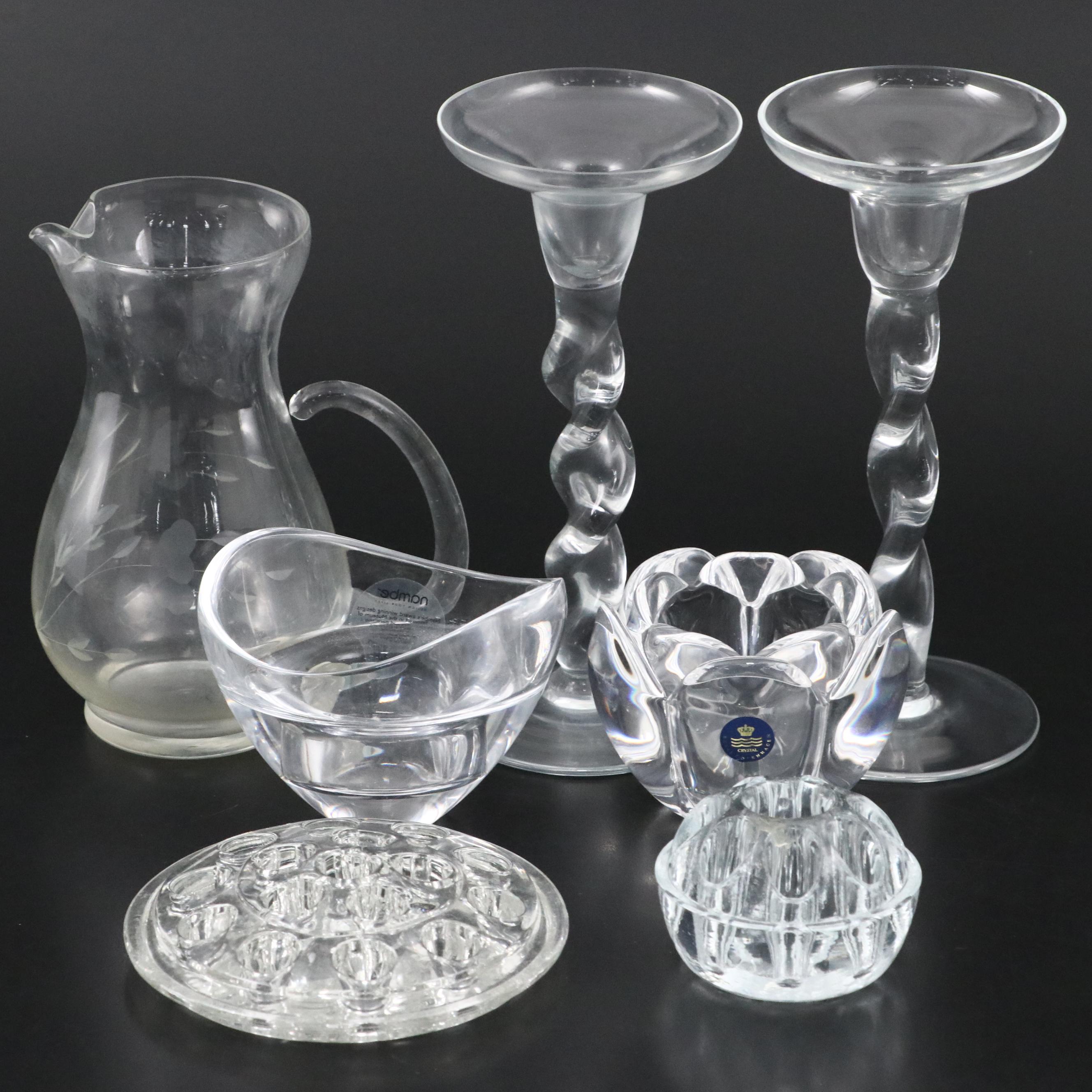 Nambé and Royal Copenhagen Crystal Bowls with Glass Décor and Flower Frogs