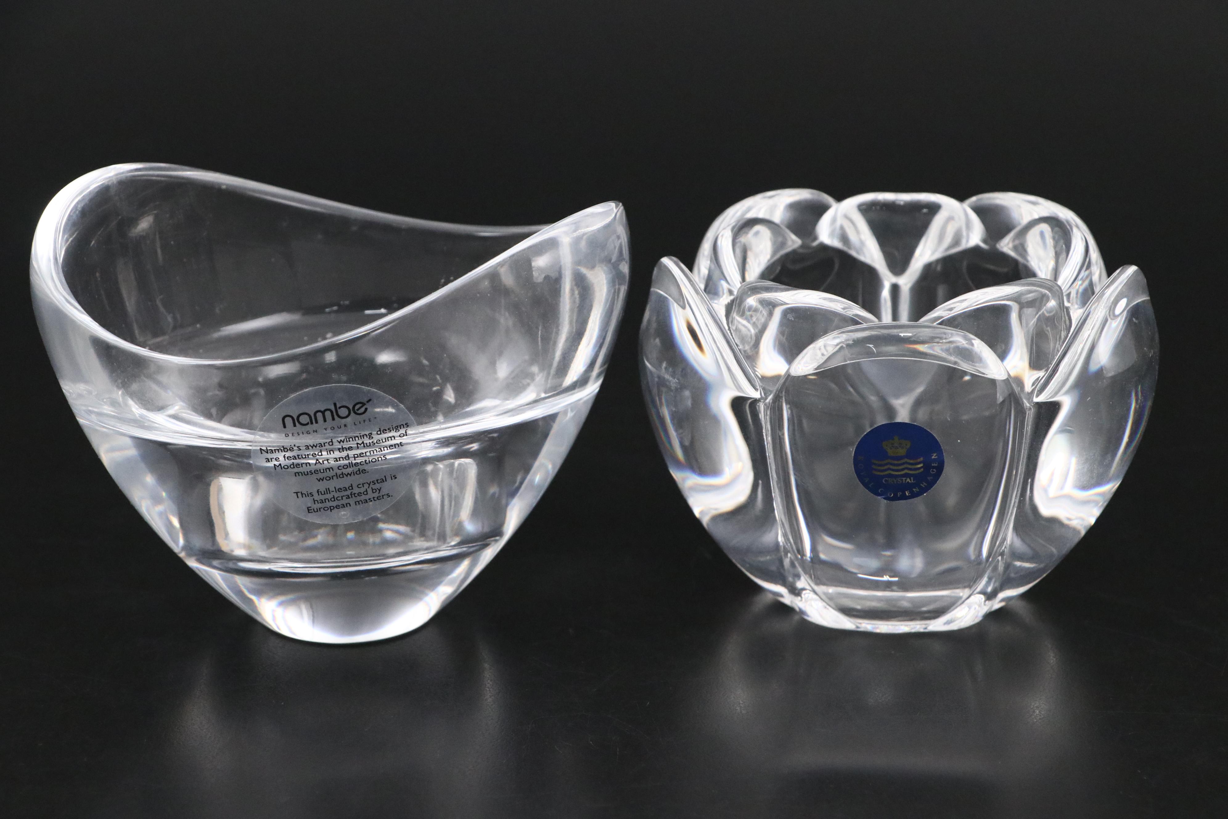 Nambé and Royal Copenhagen Crystal Bowls with Glass Décor and Flower Frogs